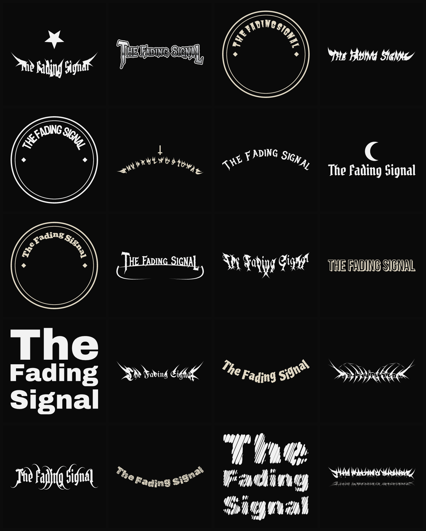 Twenty The Fading Signal band logo ideas — different faces, treatments and spike settings