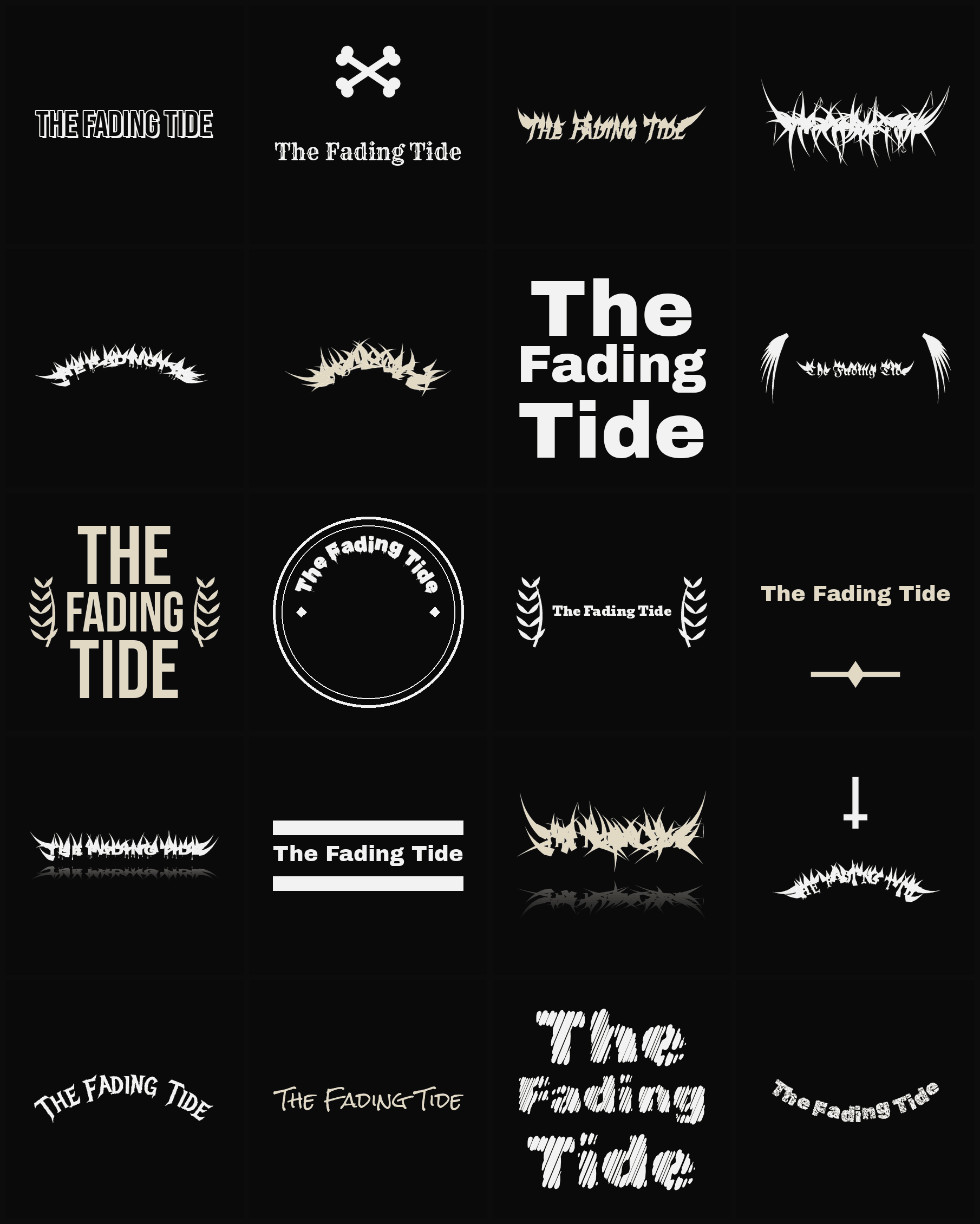 Twenty The Fading Tide band logo ideas — different faces, treatments and spike settings