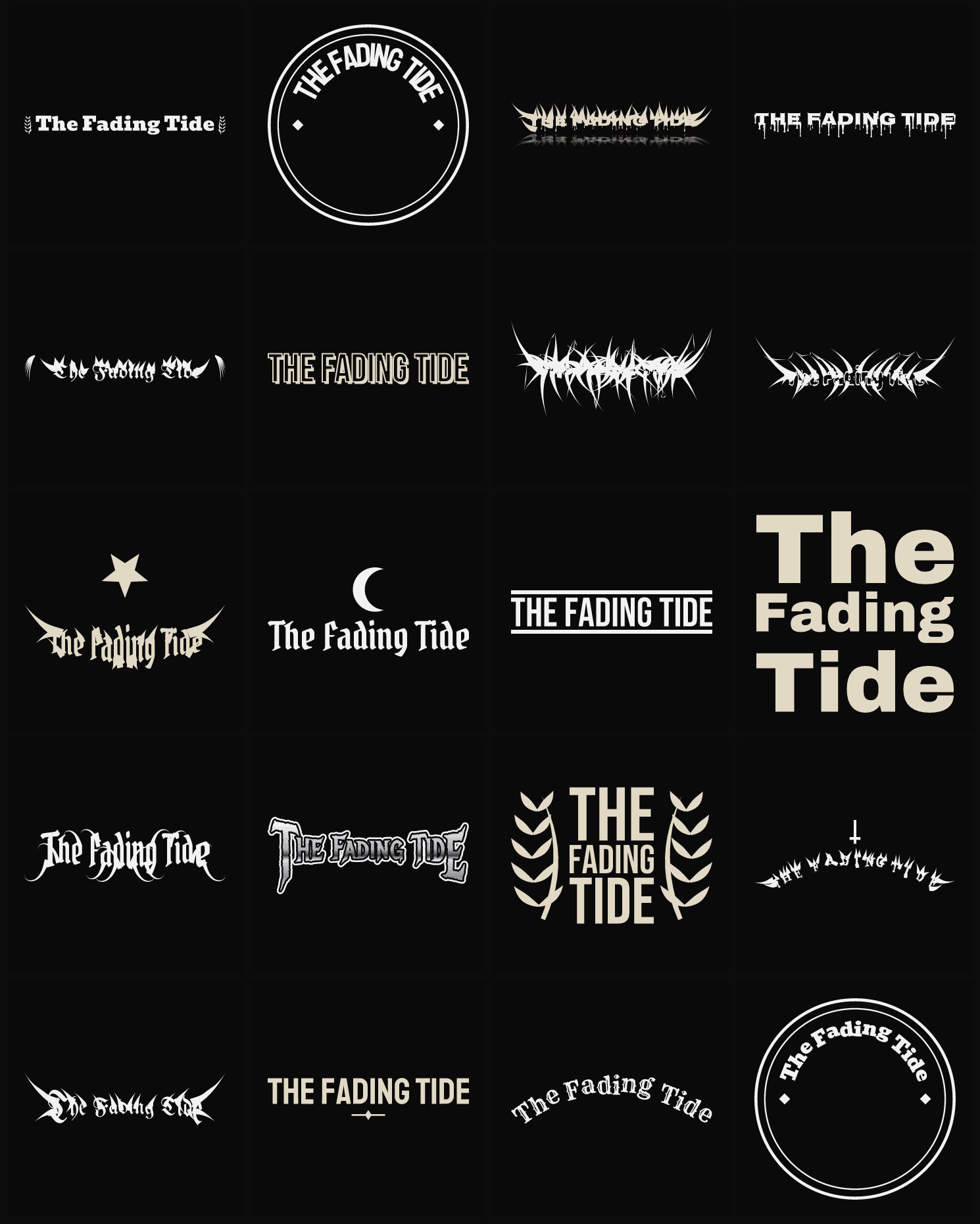Twenty The Fading Tide band logo ideas — different faces, treatments and spike settings