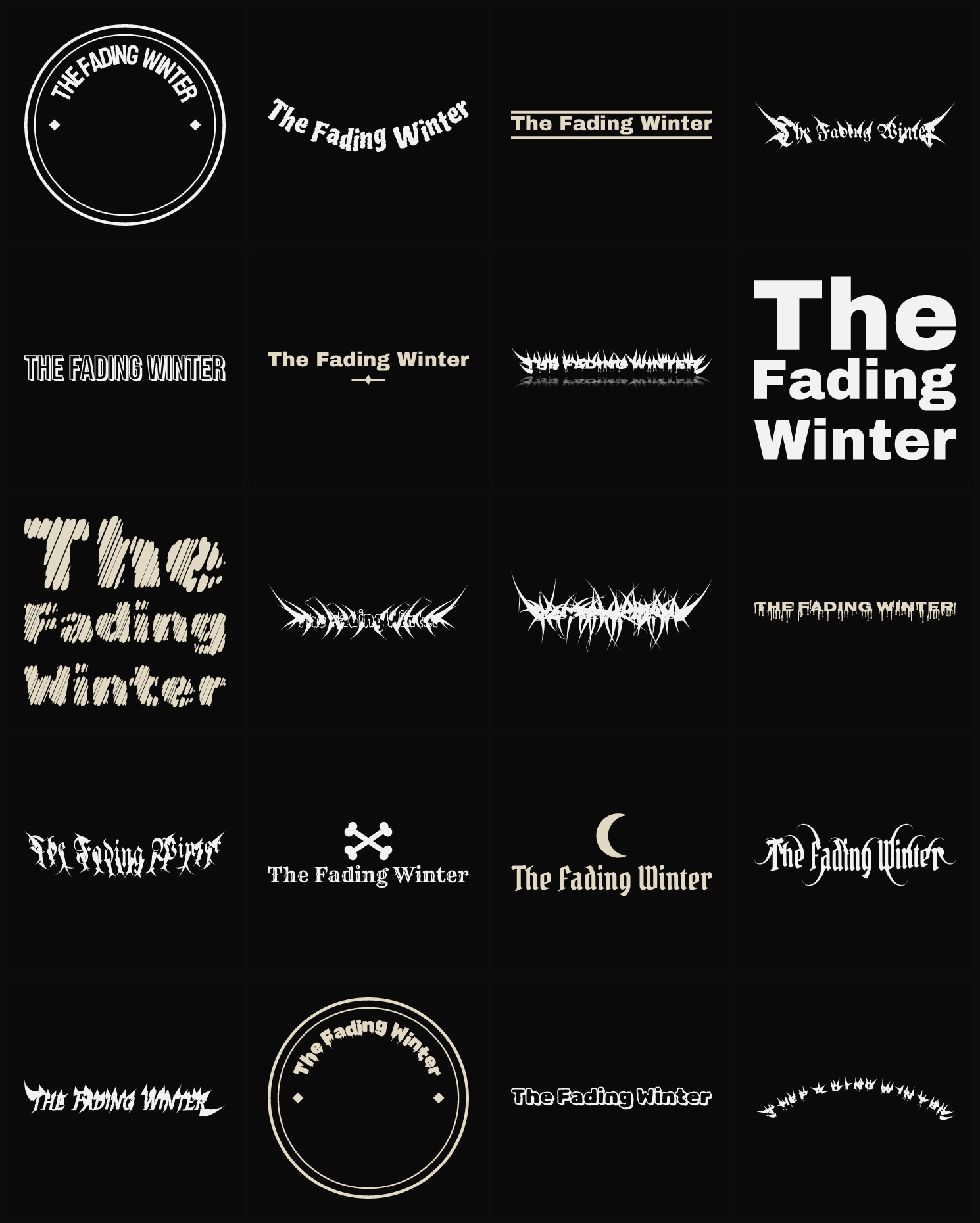 Twenty The Fading Winter band logo ideas — different faces, treatments and spike settings