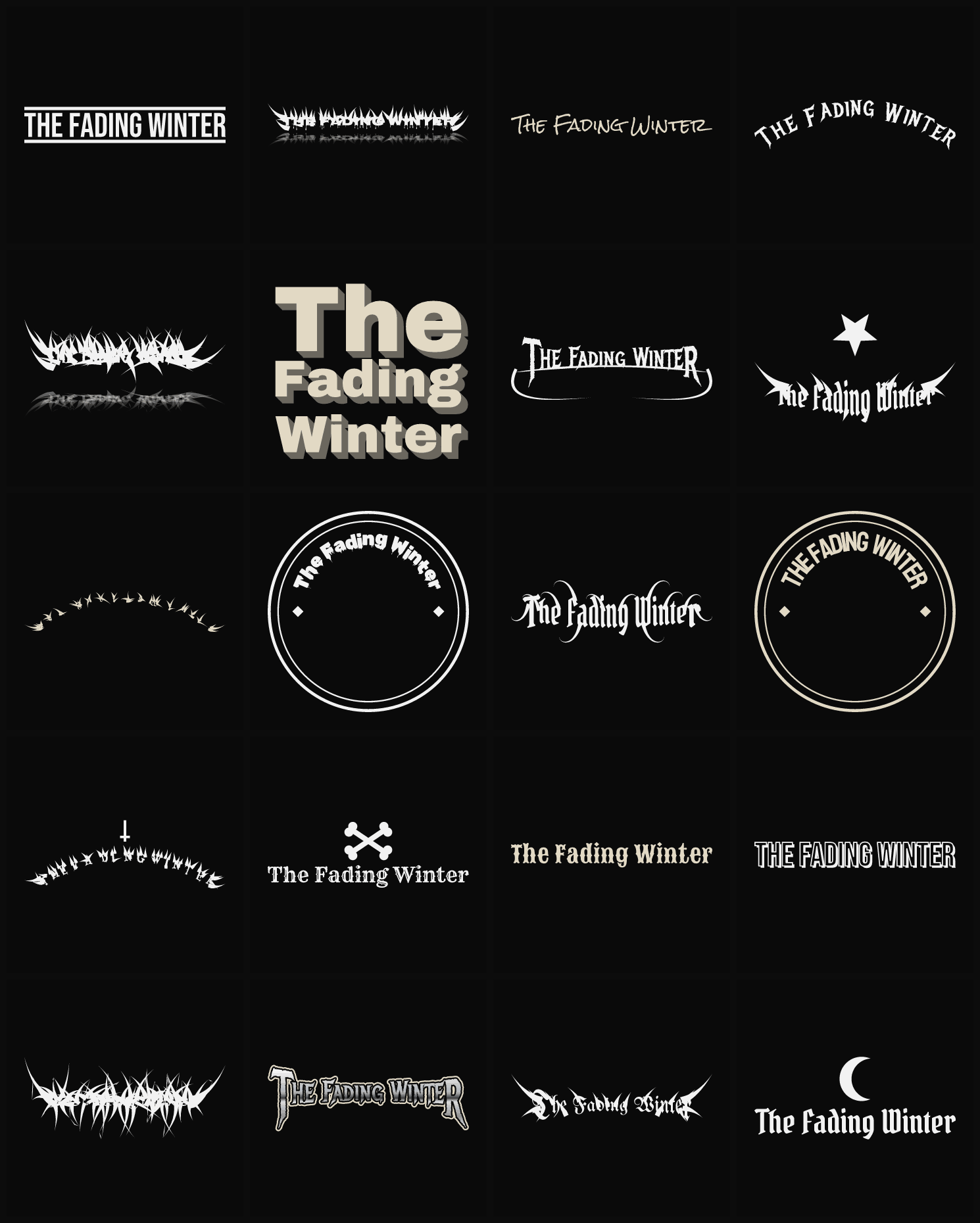 Twenty The Fading Winter band logo ideas — different faces, treatments and spike settings