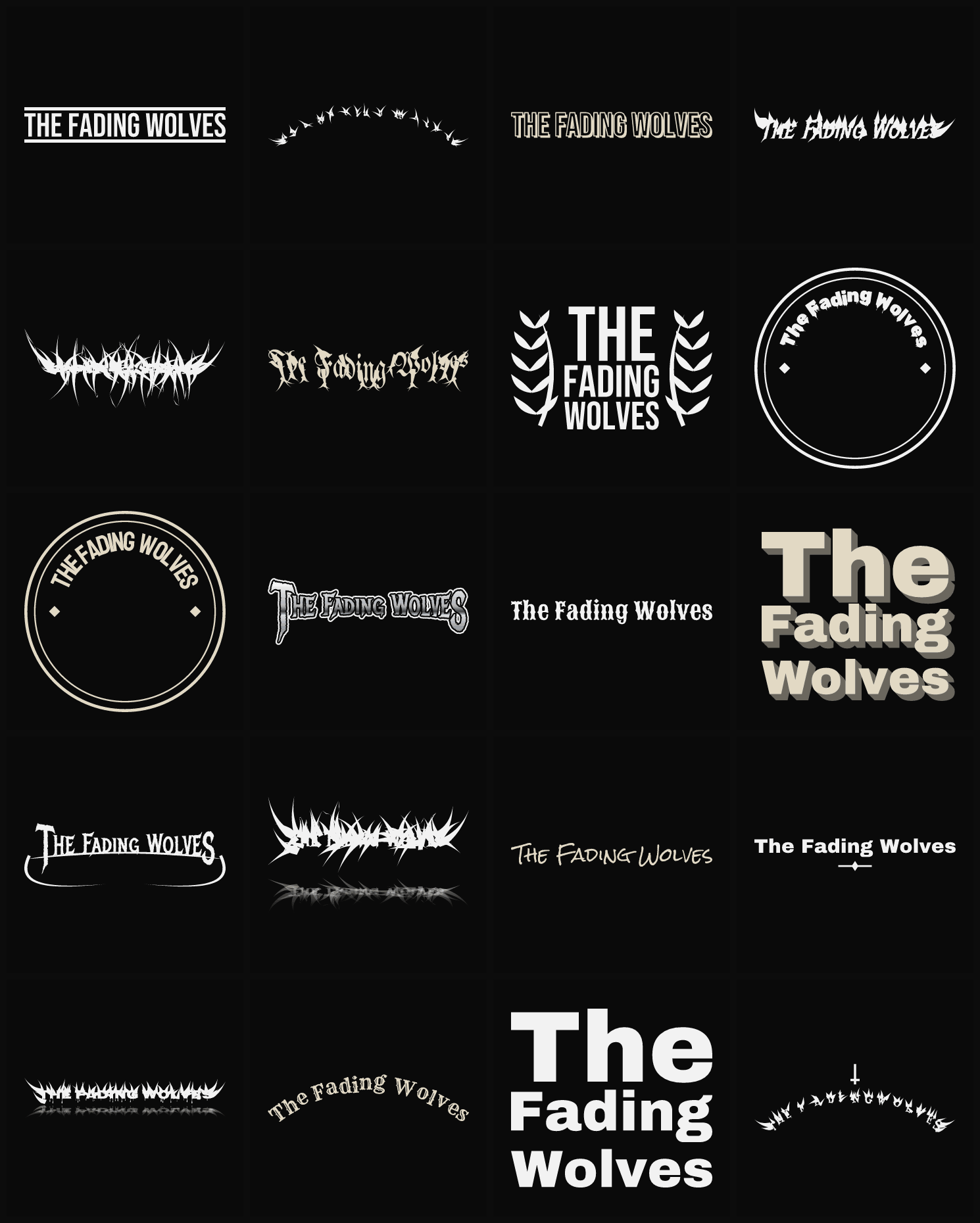 Twenty The Fading Wolves band logo ideas — different faces, treatments and spike settings
