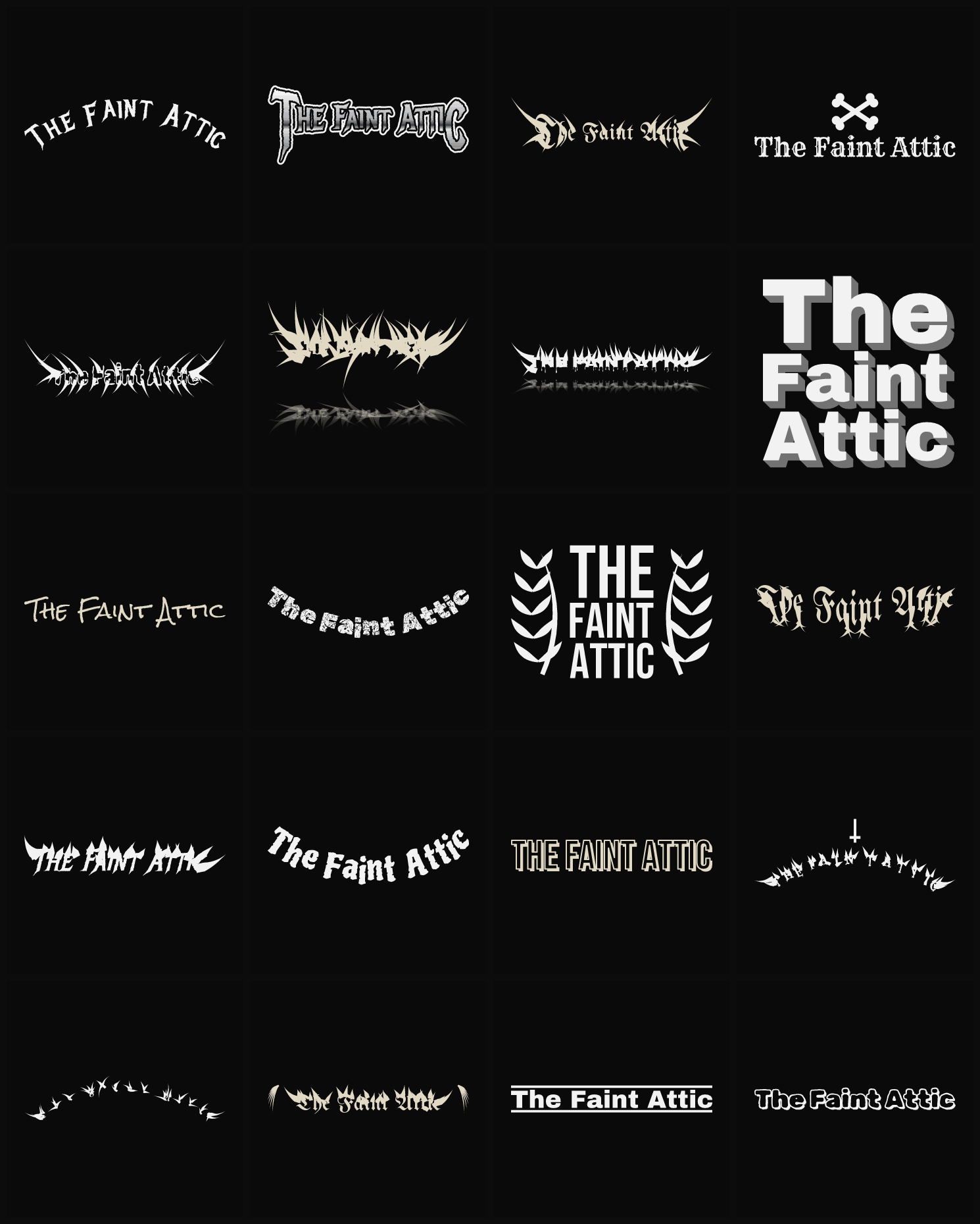 Twenty The Faint Attic band logo ideas — different faces, treatments and spike settings