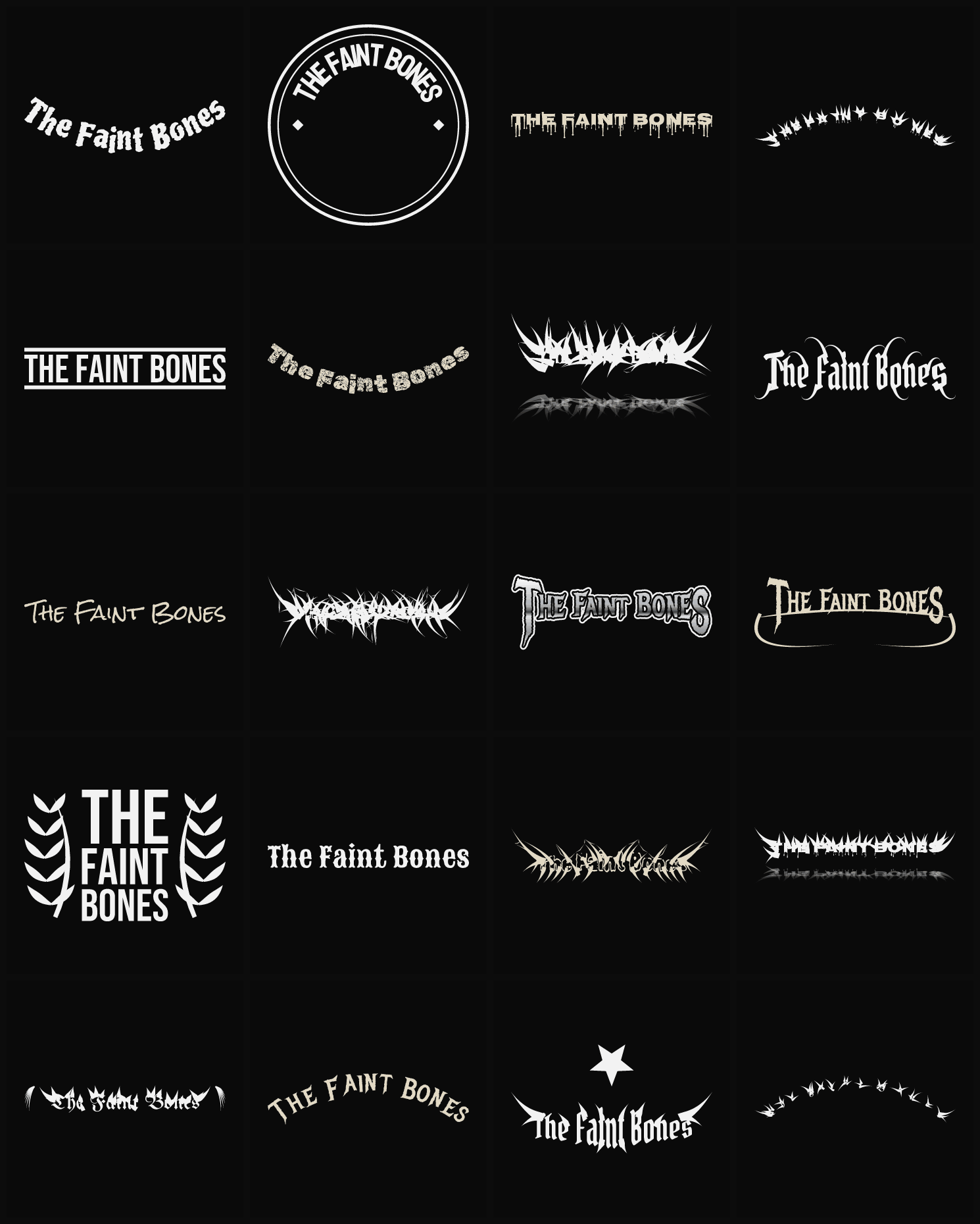 Twenty The Faint Bones band logo ideas — different faces, treatments and spike settings