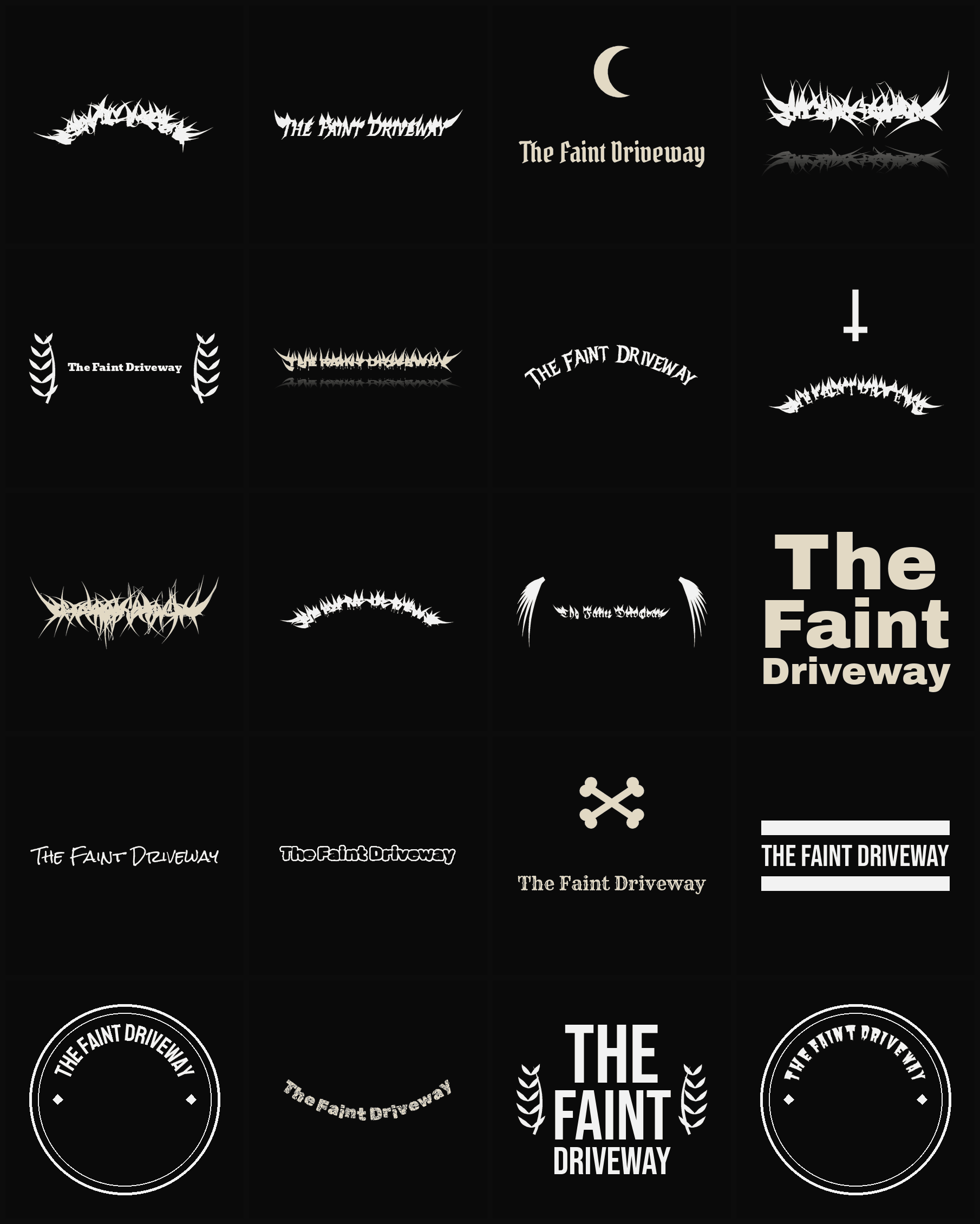 Twenty The Faint Driveway band logo ideas — different faces, treatments and spike settings