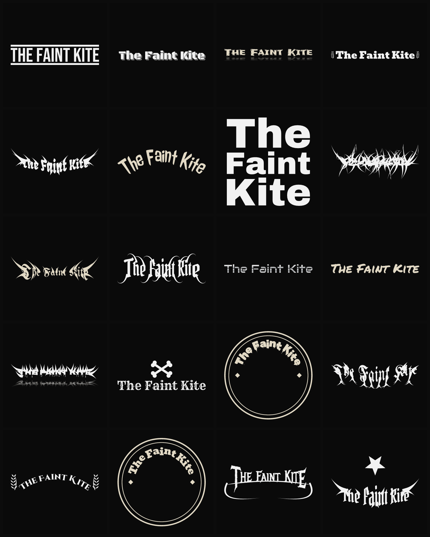 Twenty The Faint Kite band logo ideas — different faces, treatments and spike settings