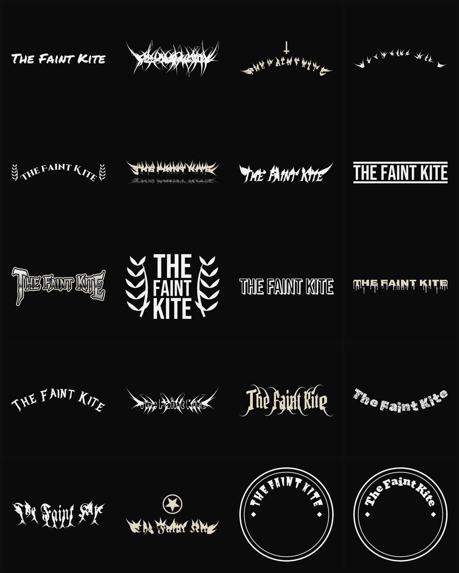 Twenty The Faint Kite band logo ideas — different faces, treatments and spike settings