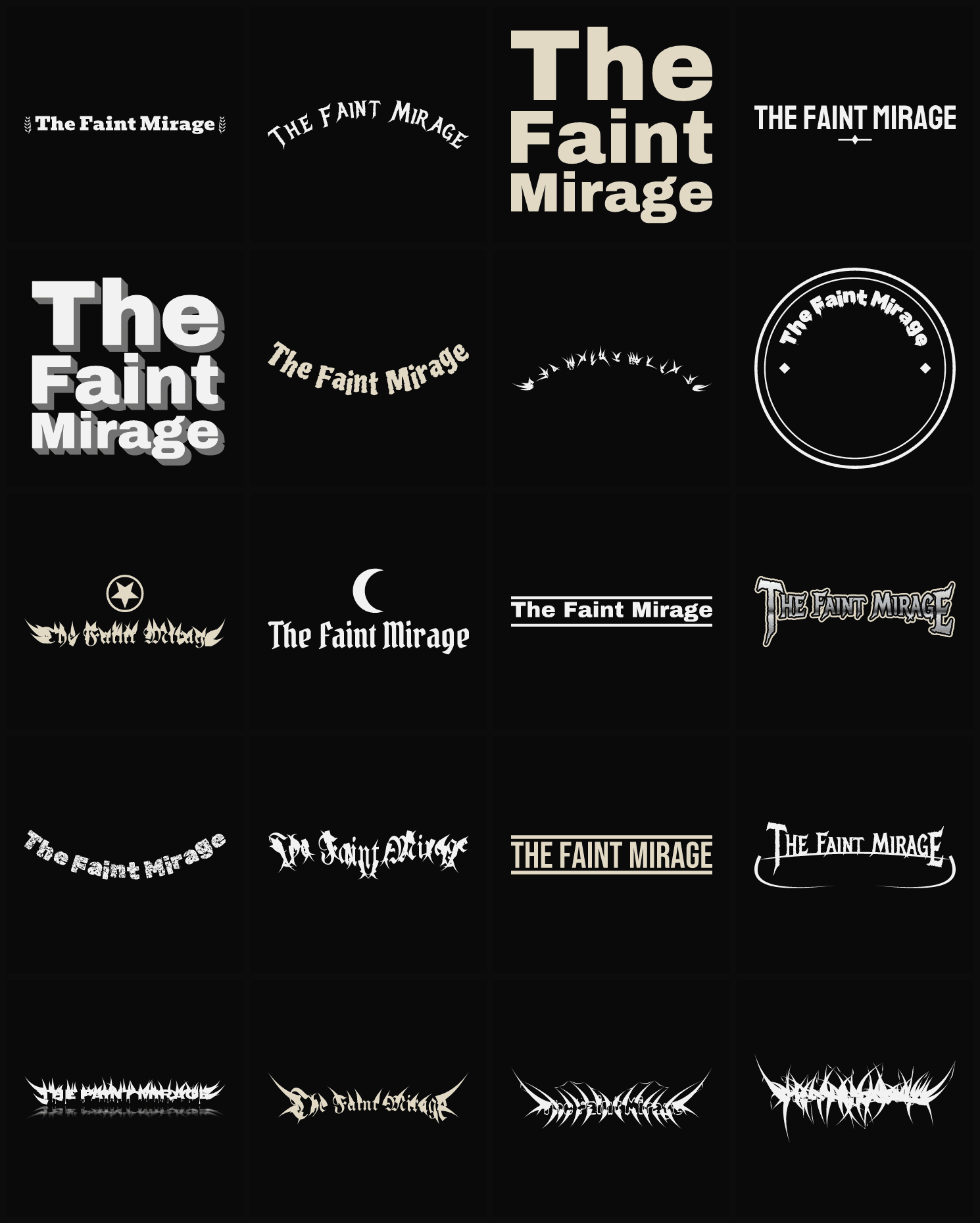 Twenty The Faint Mirage band logo ideas — different faces, treatments and spike settings