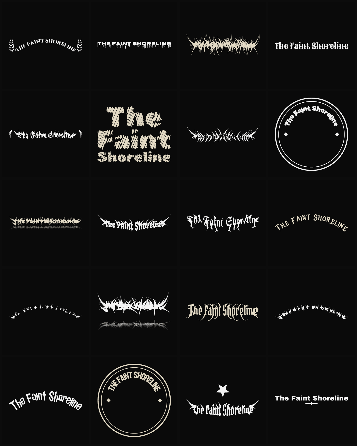 Twenty The Faint Shoreline band logo ideas — different faces, treatments and spike settings