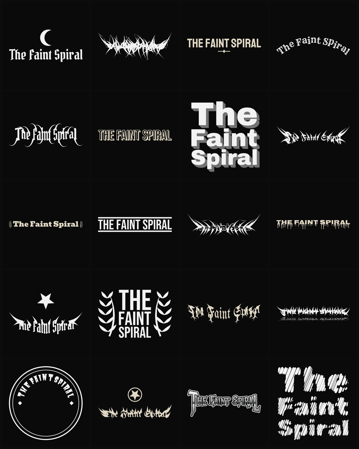 Twenty The Faint Spiral band logo ideas — different faces, treatments and spike settings