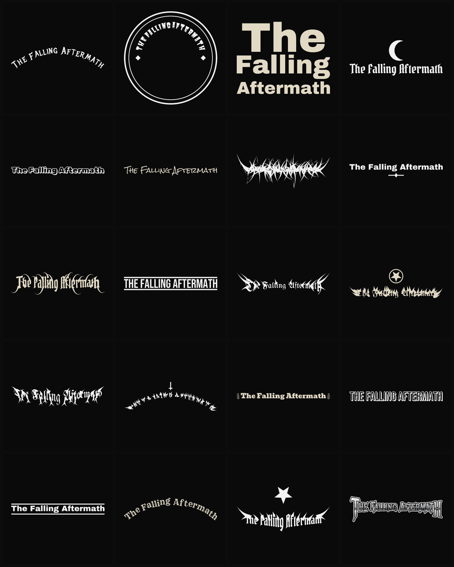 Twenty The Falling Aftermath band logo ideas — different faces, treatments and spike settings