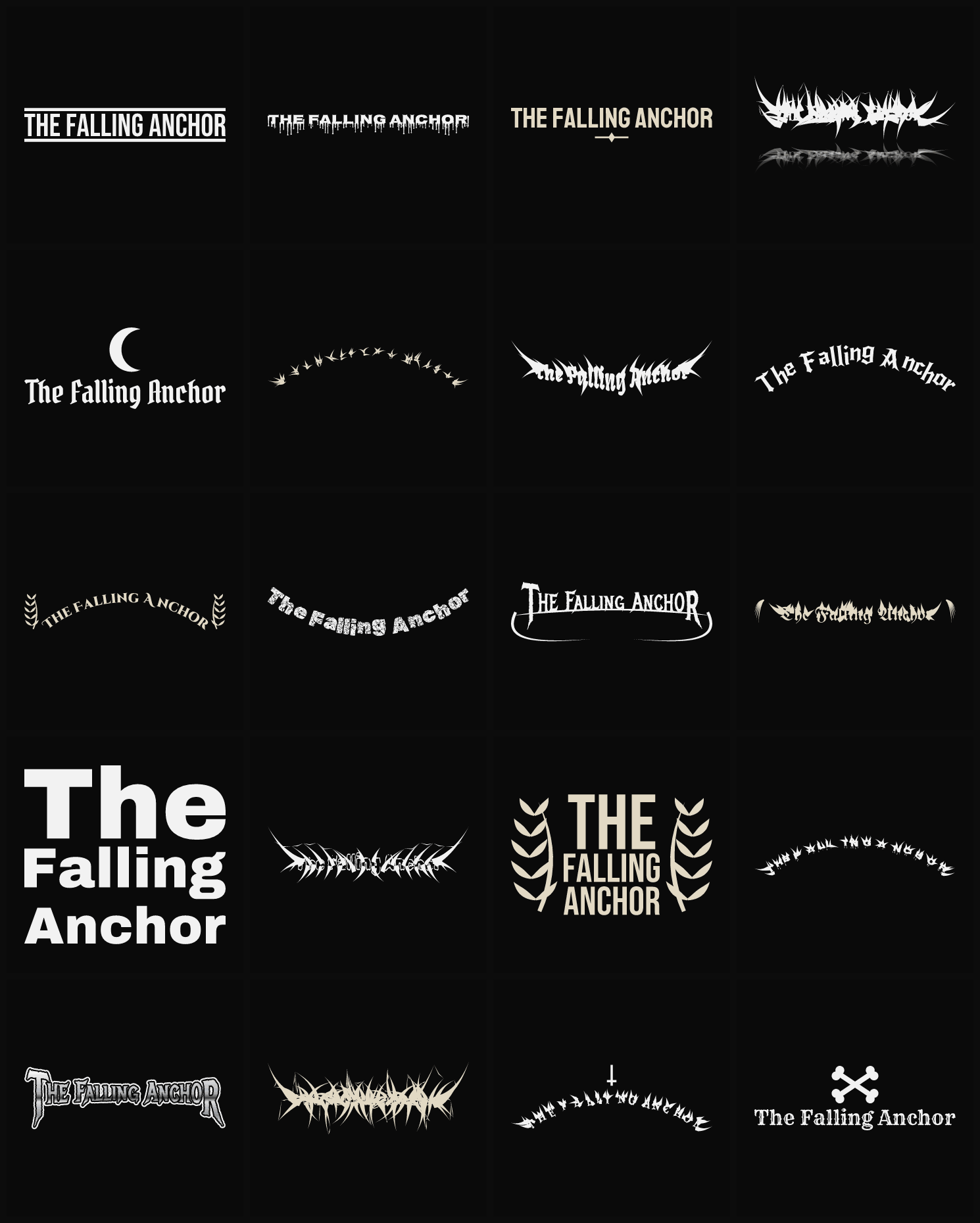 Twenty The Falling Anchor band logo ideas — different faces, treatments and spike settings