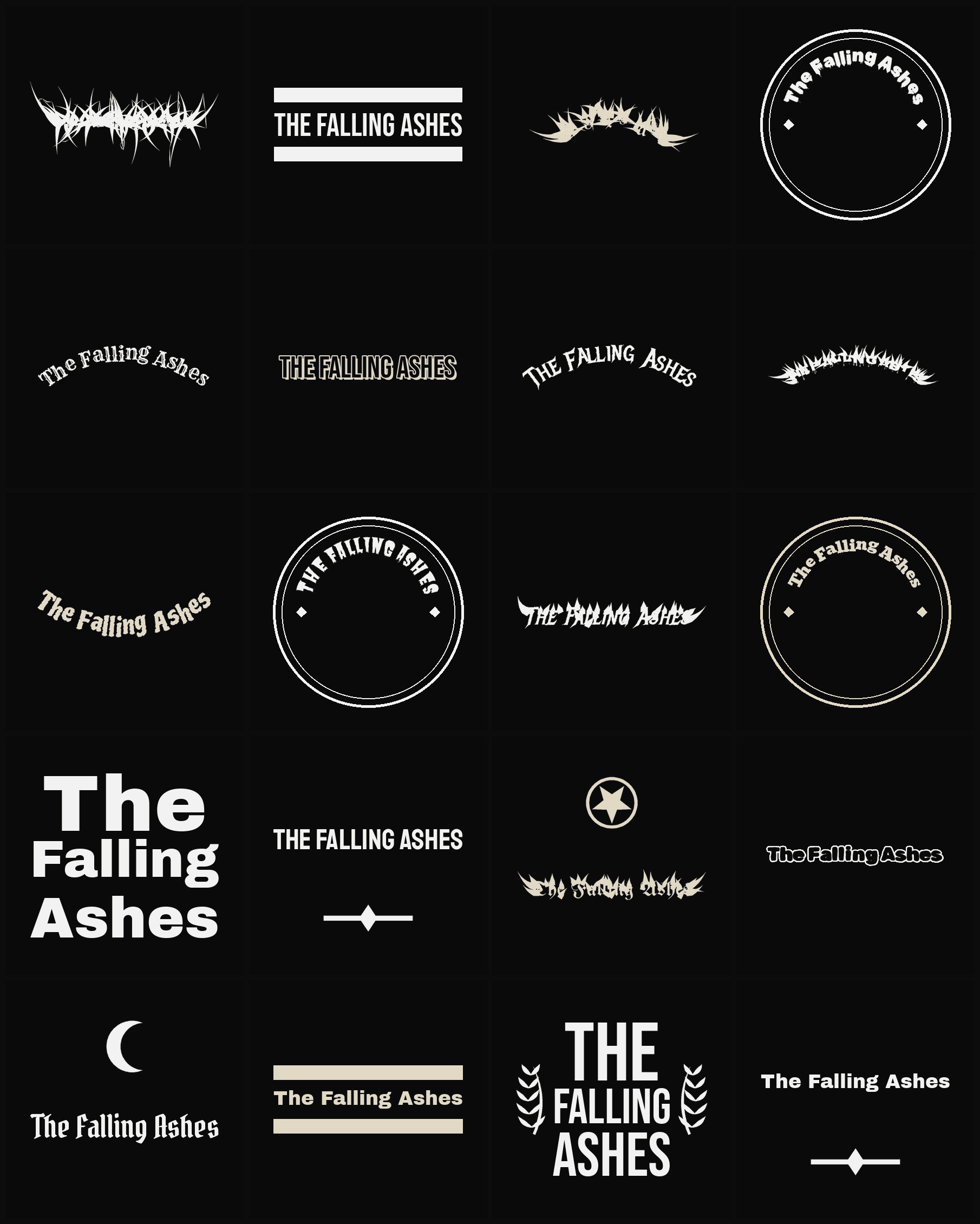 Twenty The Falling Ashes band logo ideas — different faces, treatments and spike settings