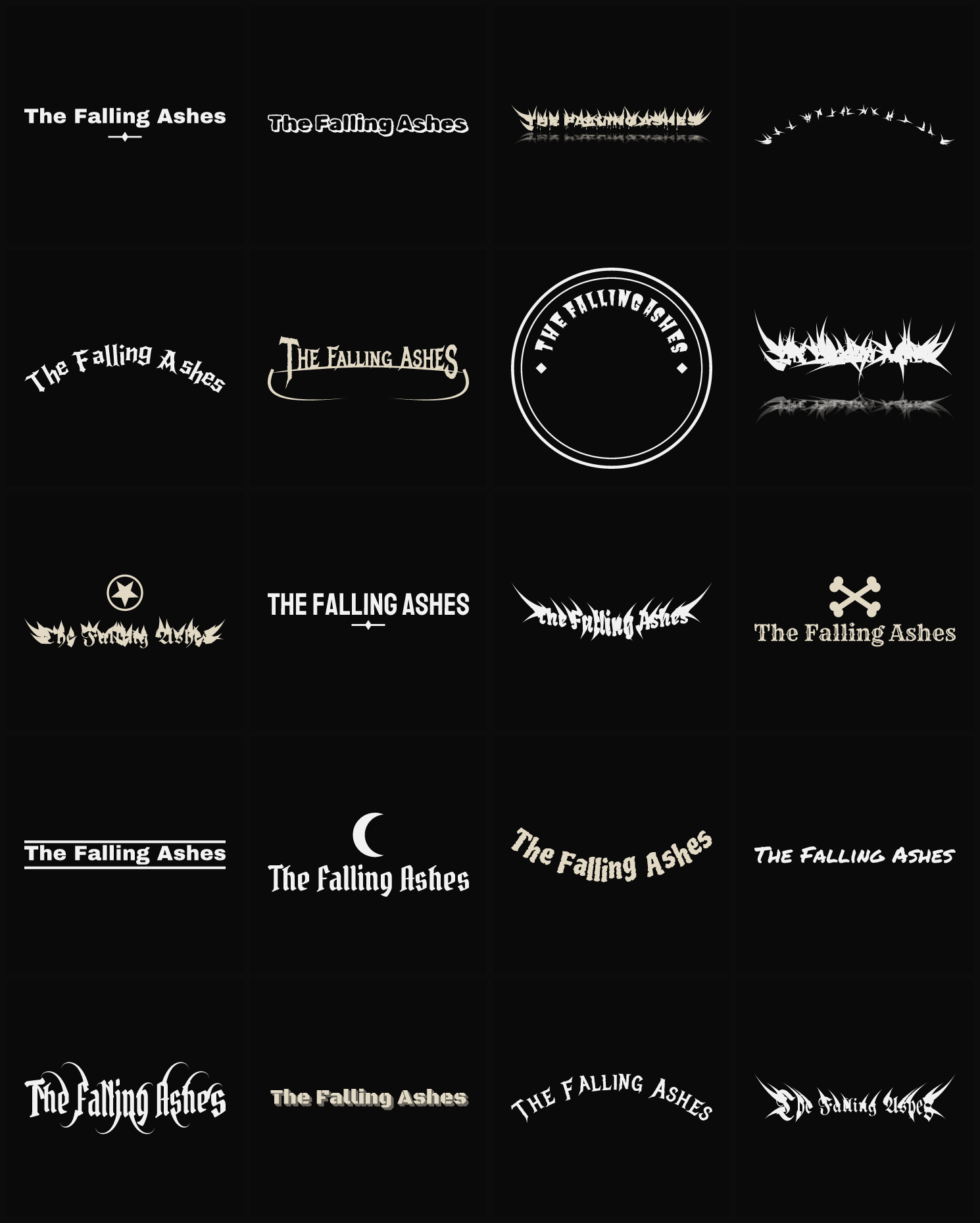 Twenty The Falling Ashes band logo ideas — different faces, treatments and spike settings