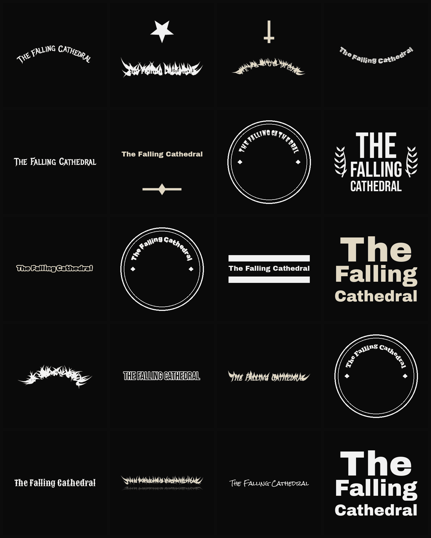 Twenty The Falling Cathedral band logo ideas — different faces, treatments and spike settings