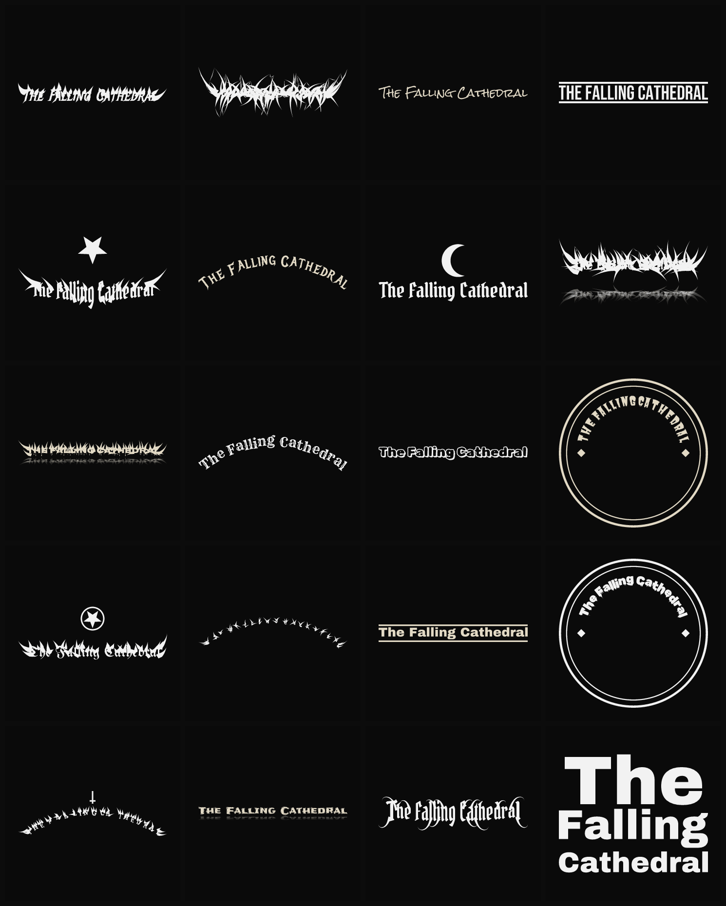 Twenty The Falling Cathedral band logo ideas — different faces, treatments and spike settings