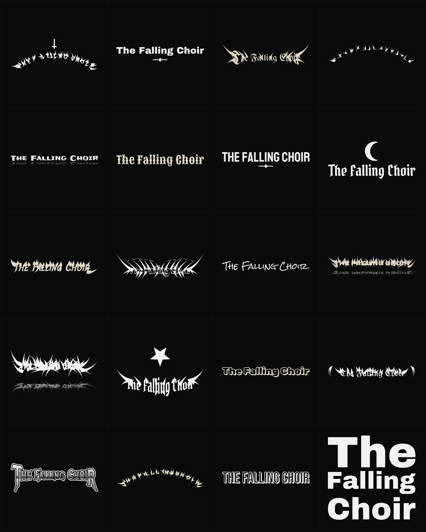 Twenty The Falling Choir band logo ideas — different faces, treatments and spike settings