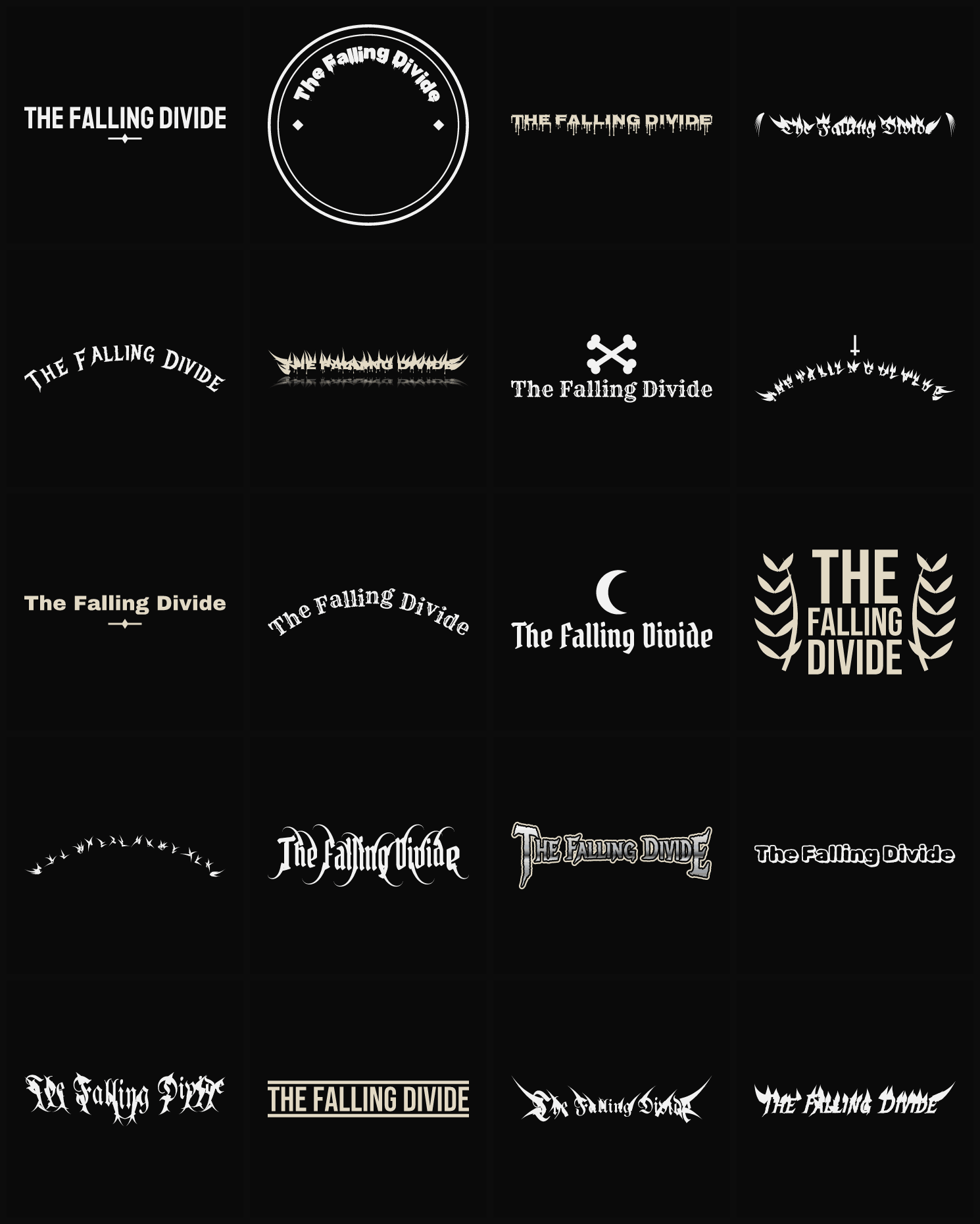 Twenty The Falling Divide band logo ideas — different faces, treatments and spike settings