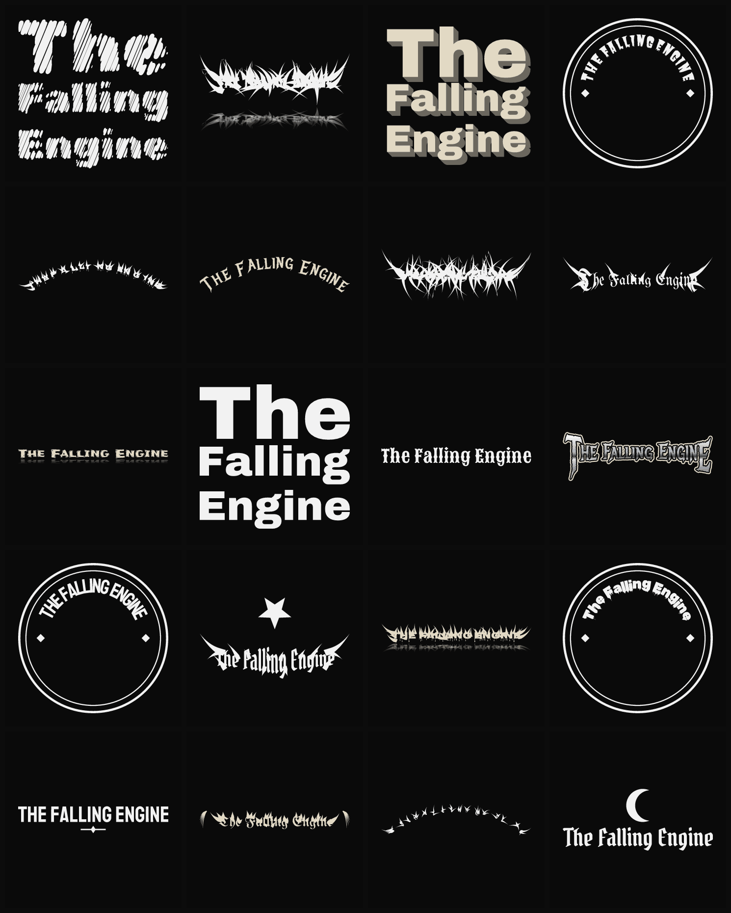 Twenty The Falling Engine band logo ideas — different faces, treatments and spike settings