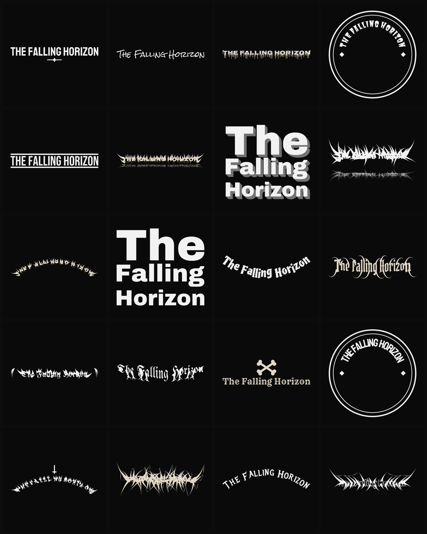 Twenty The Falling Horizon band logo ideas — different faces, treatments and spike settings