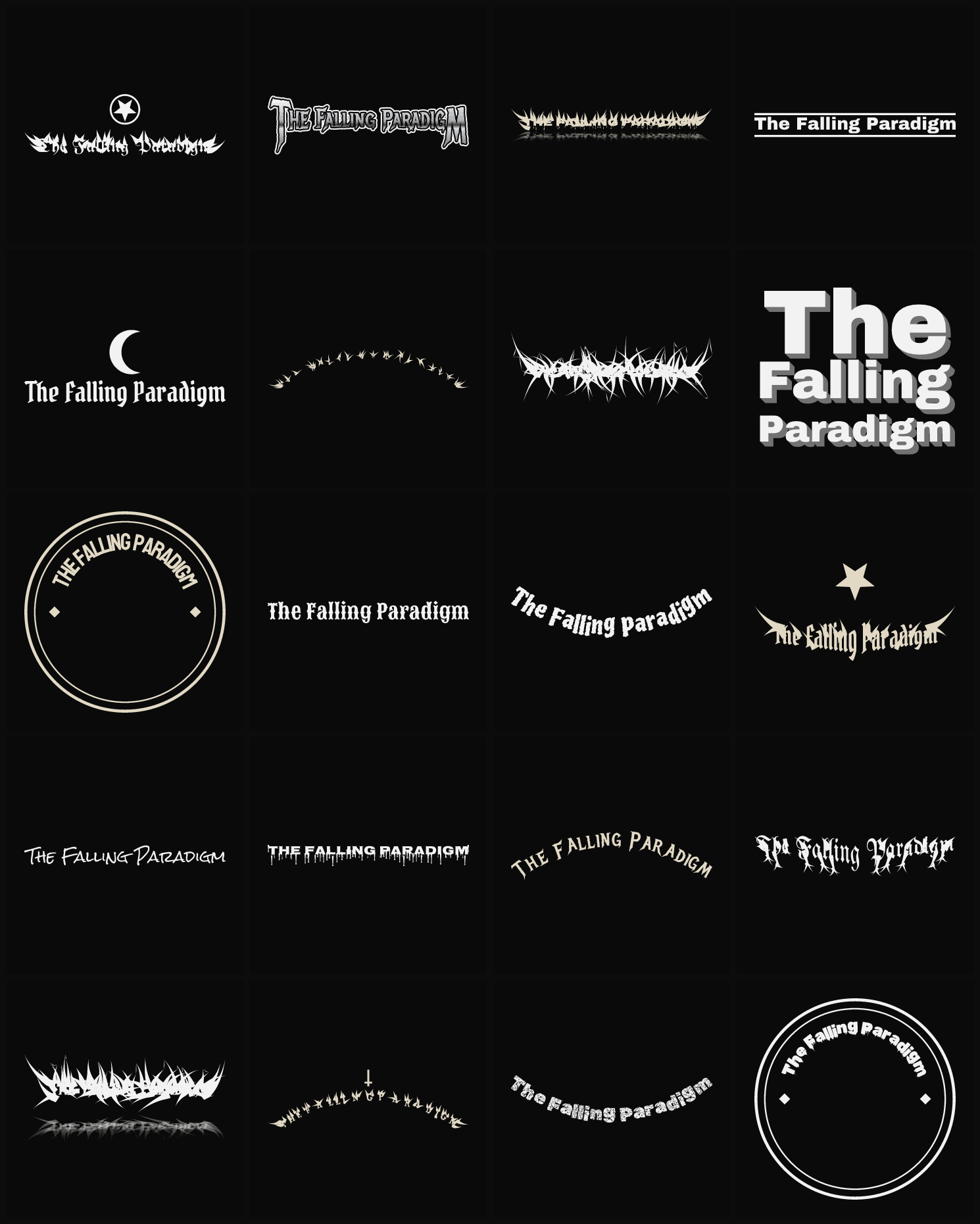 Twenty The Falling Paradigm band logo ideas — different faces, treatments and spike settings