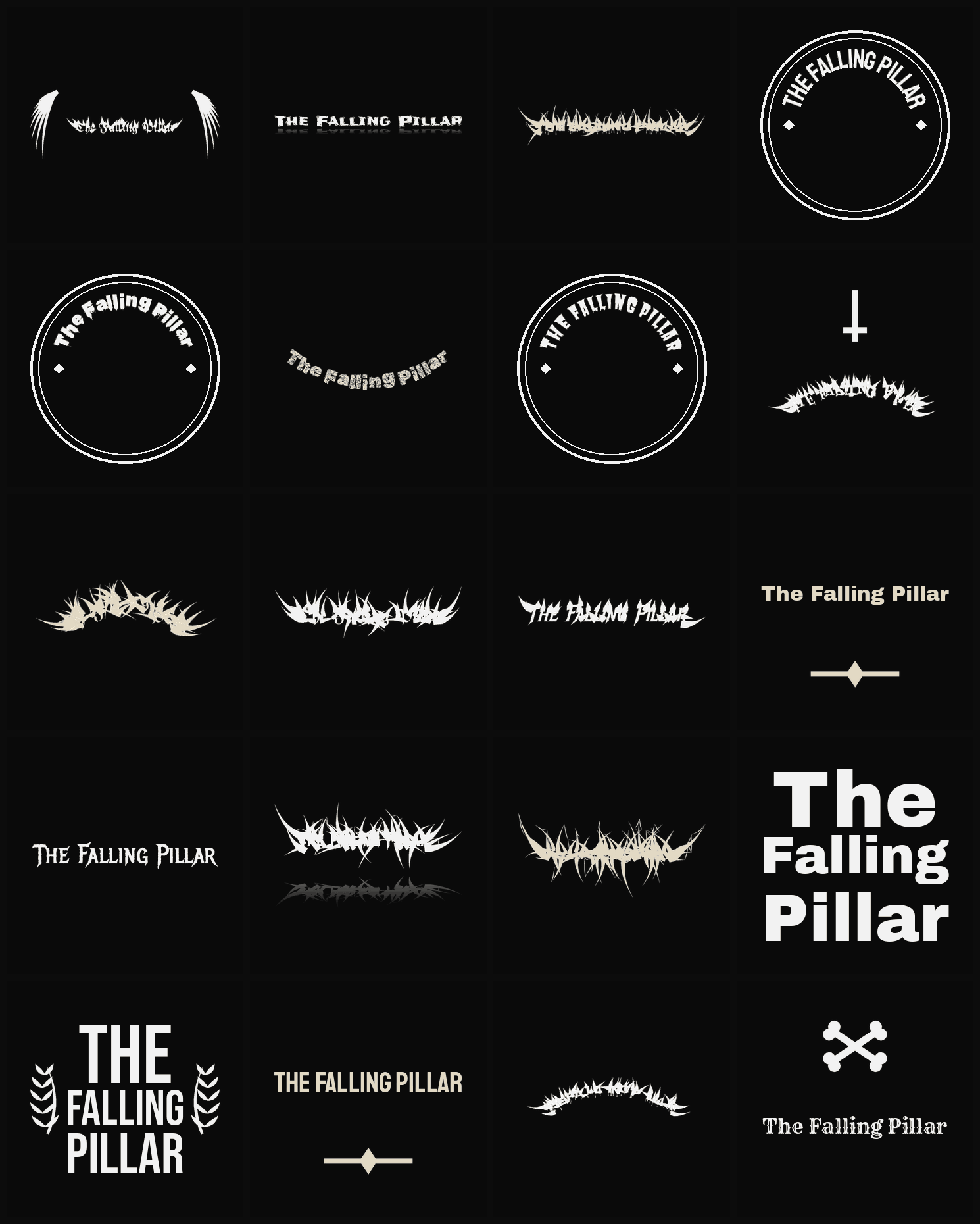 Twenty The Falling Pillar band logo ideas — different faces, treatments and spike settings