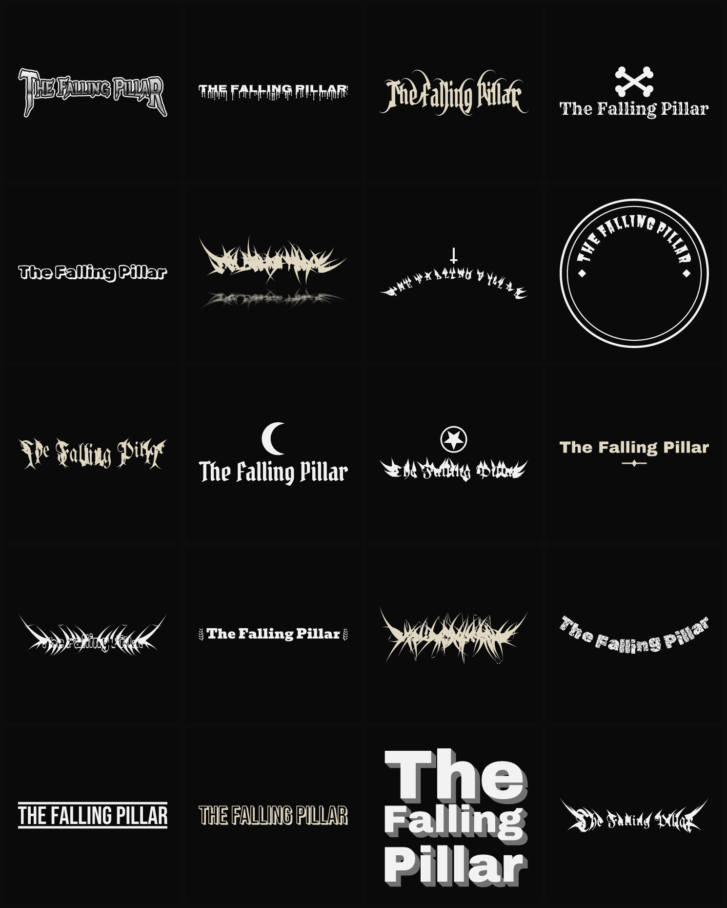 Twenty The Falling Pillar band logo ideas — different faces, treatments and spike settings