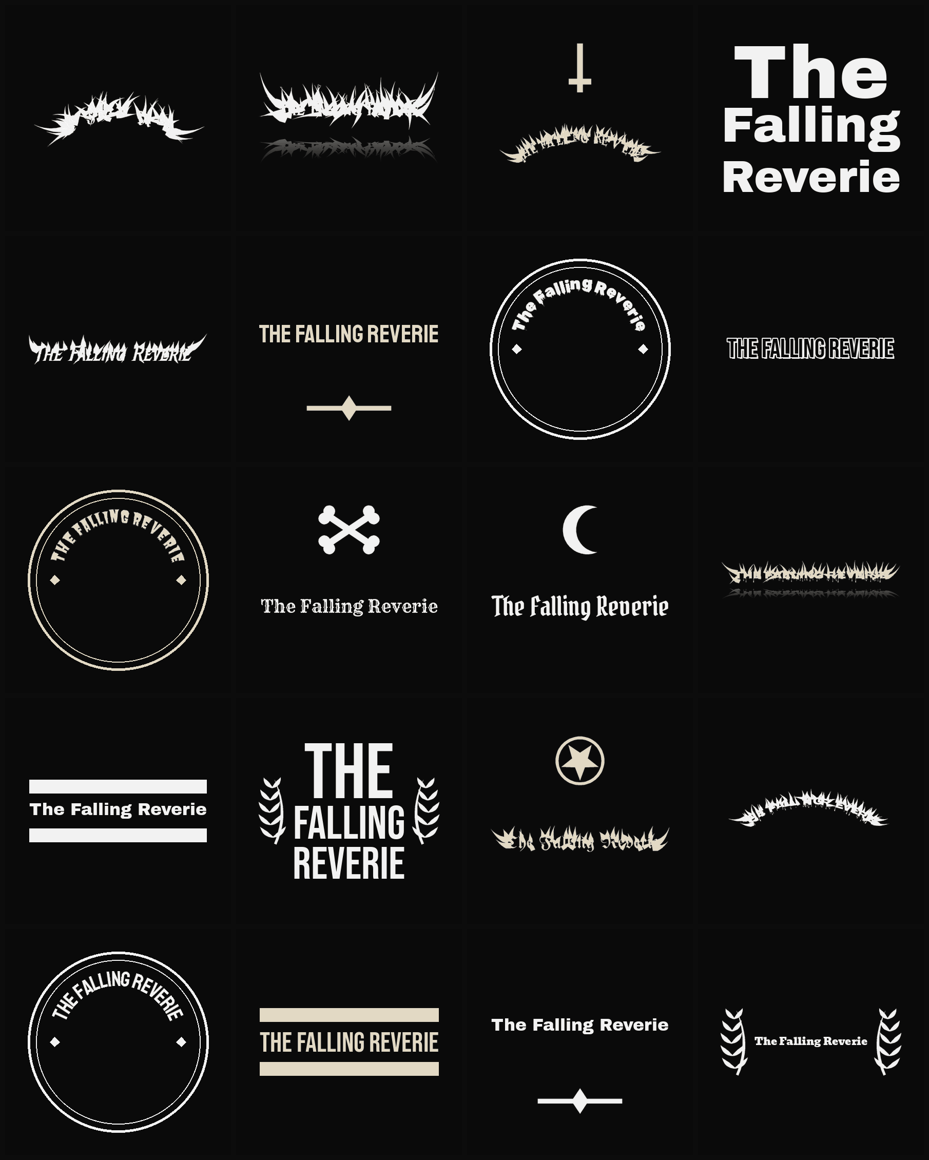 Twenty The Falling Reverie band logo ideas — different faces, treatments and spike settings