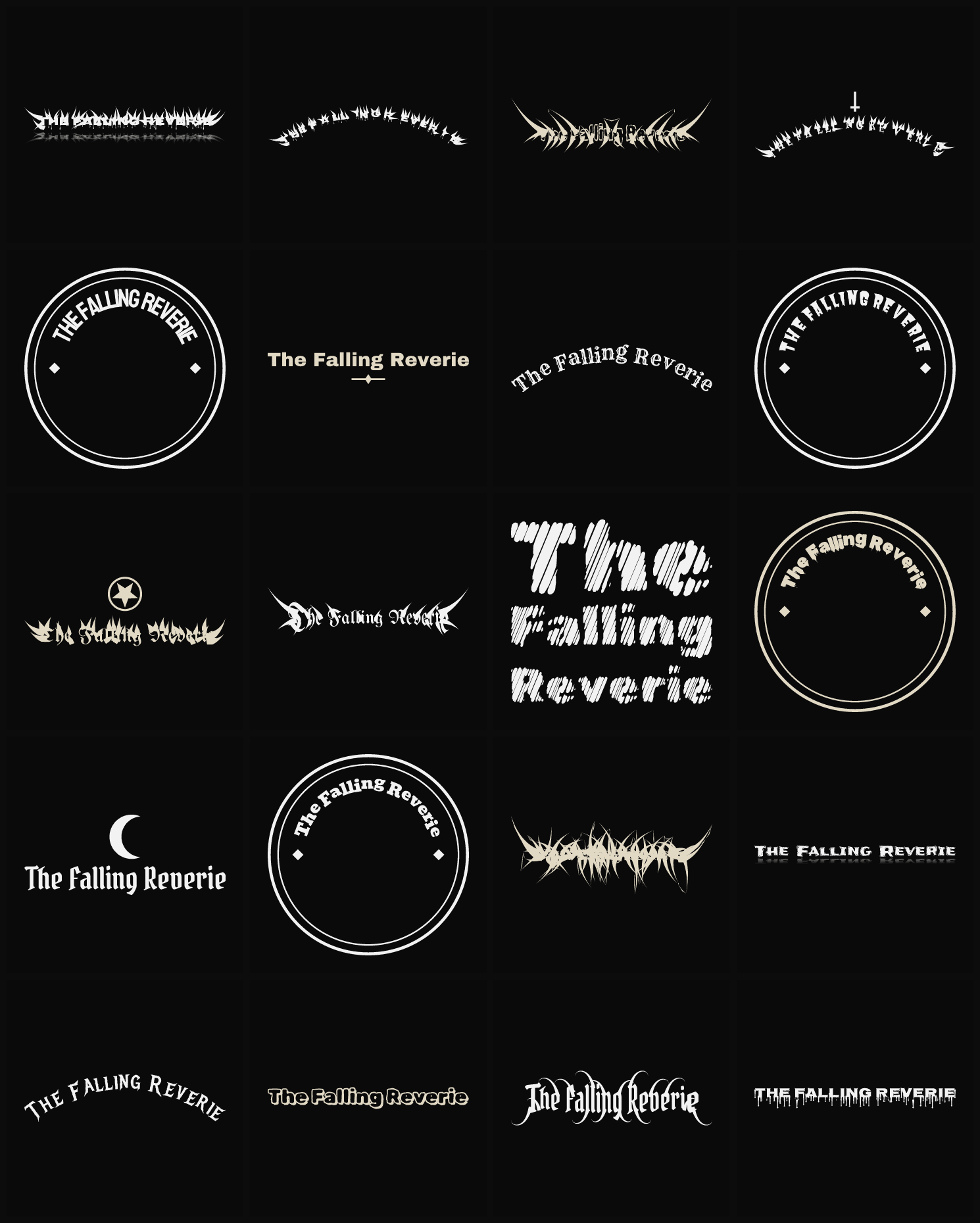 Twenty The Falling Reverie band logo ideas — different faces, treatments and spike settings