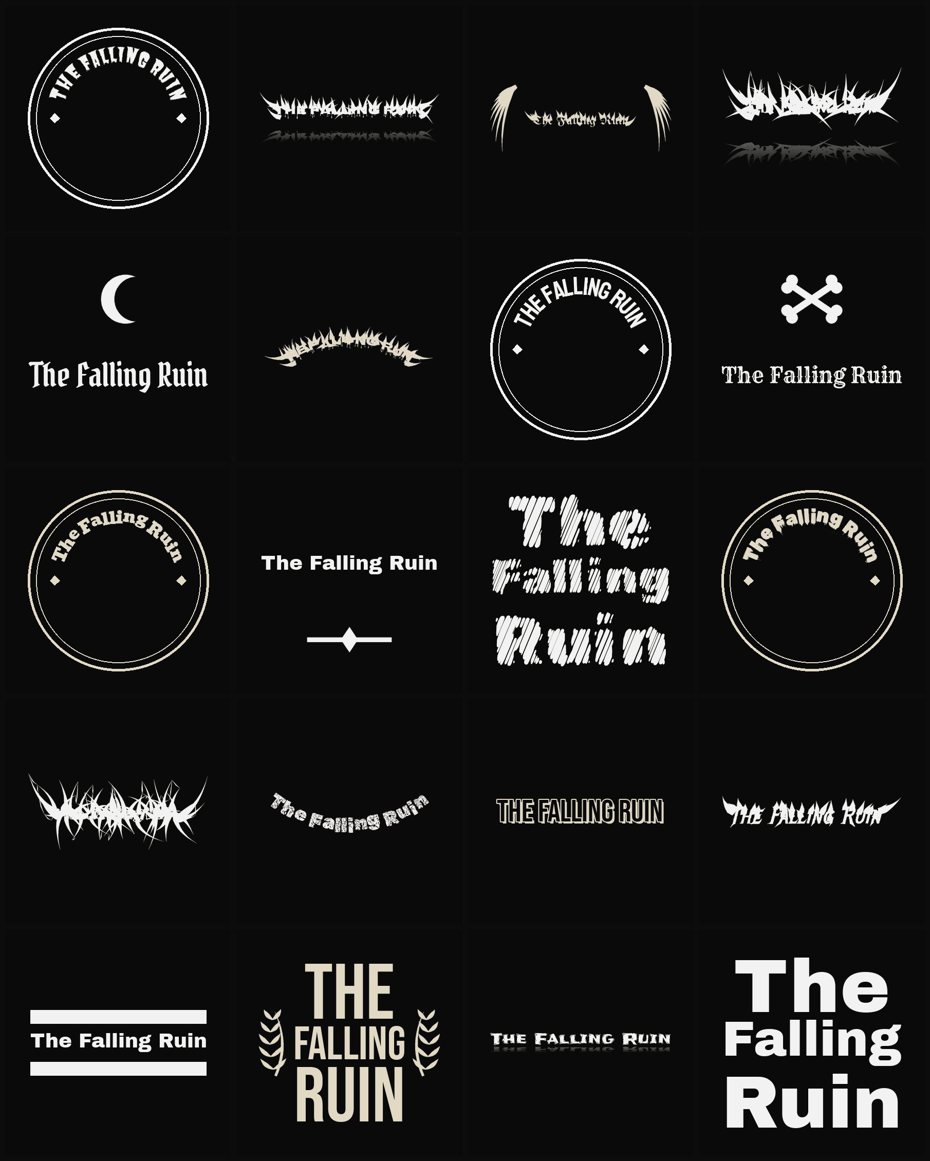 Twenty The Falling Ruin band logo ideas — different faces, treatments and spike settings