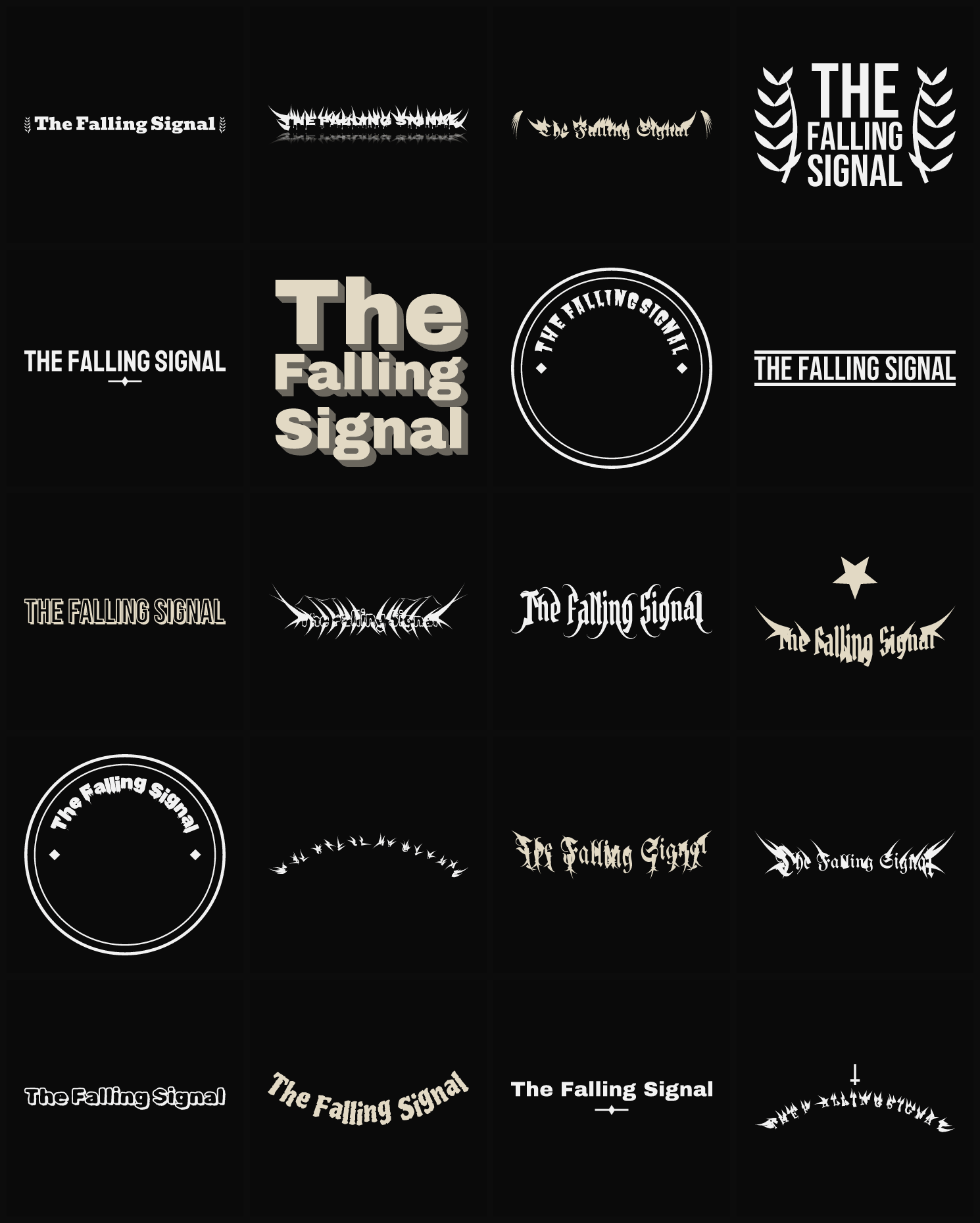 Twenty The Falling Signal band logo ideas — different faces, treatments and spike settings