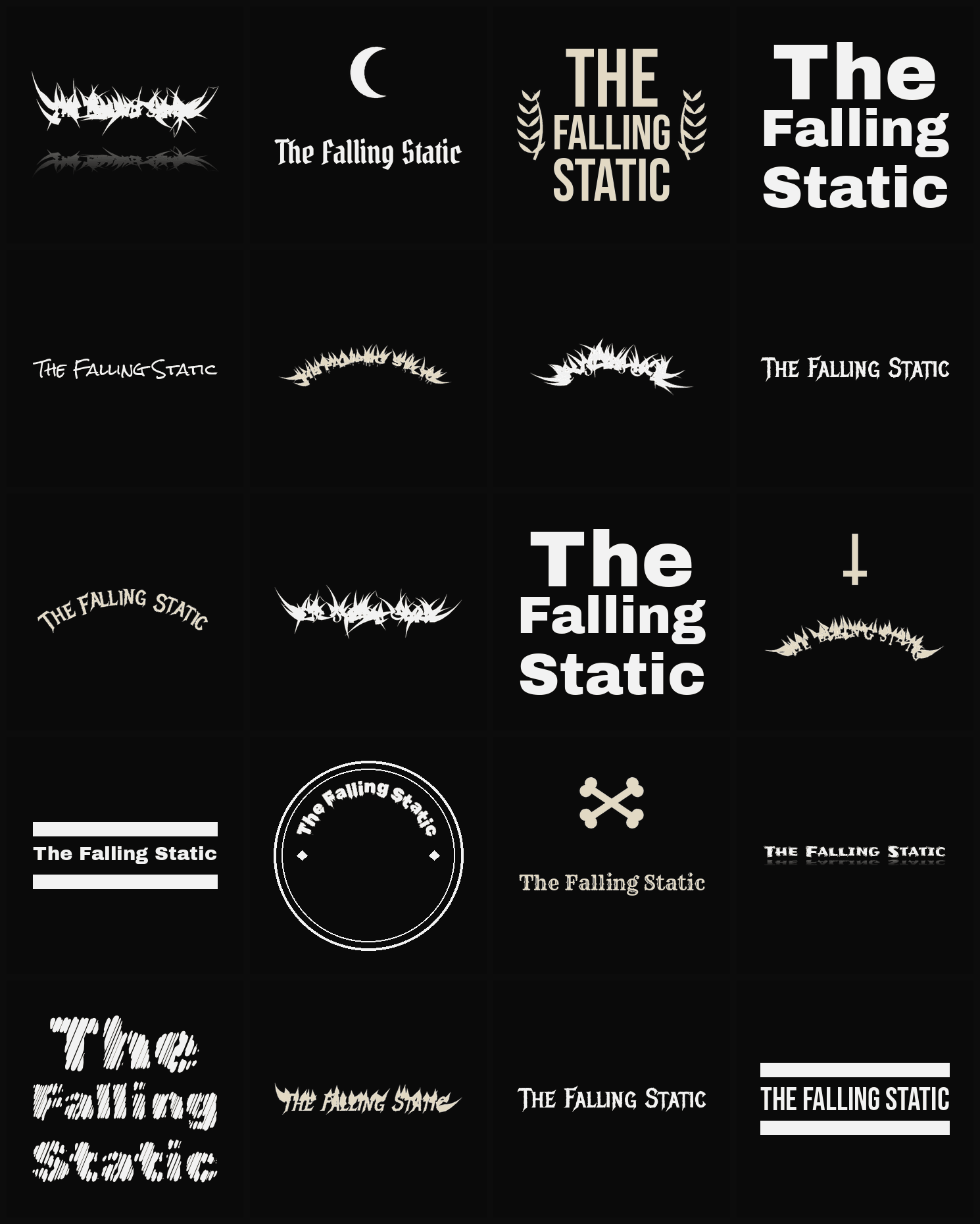 Twenty The Falling Static band logo ideas — different faces, treatments and spike settings