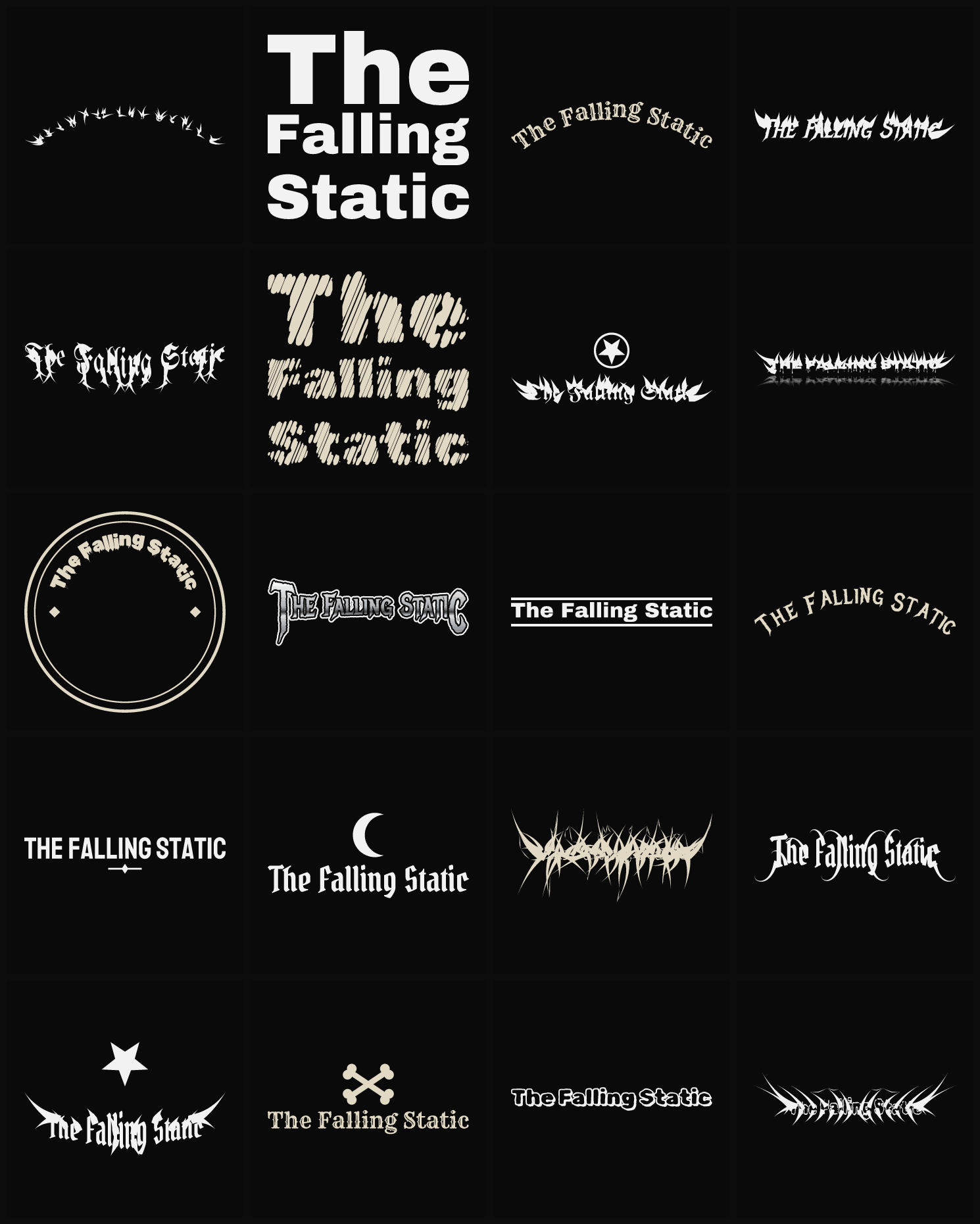 Twenty The Falling Static band logo ideas — different faces, treatments and spike settings