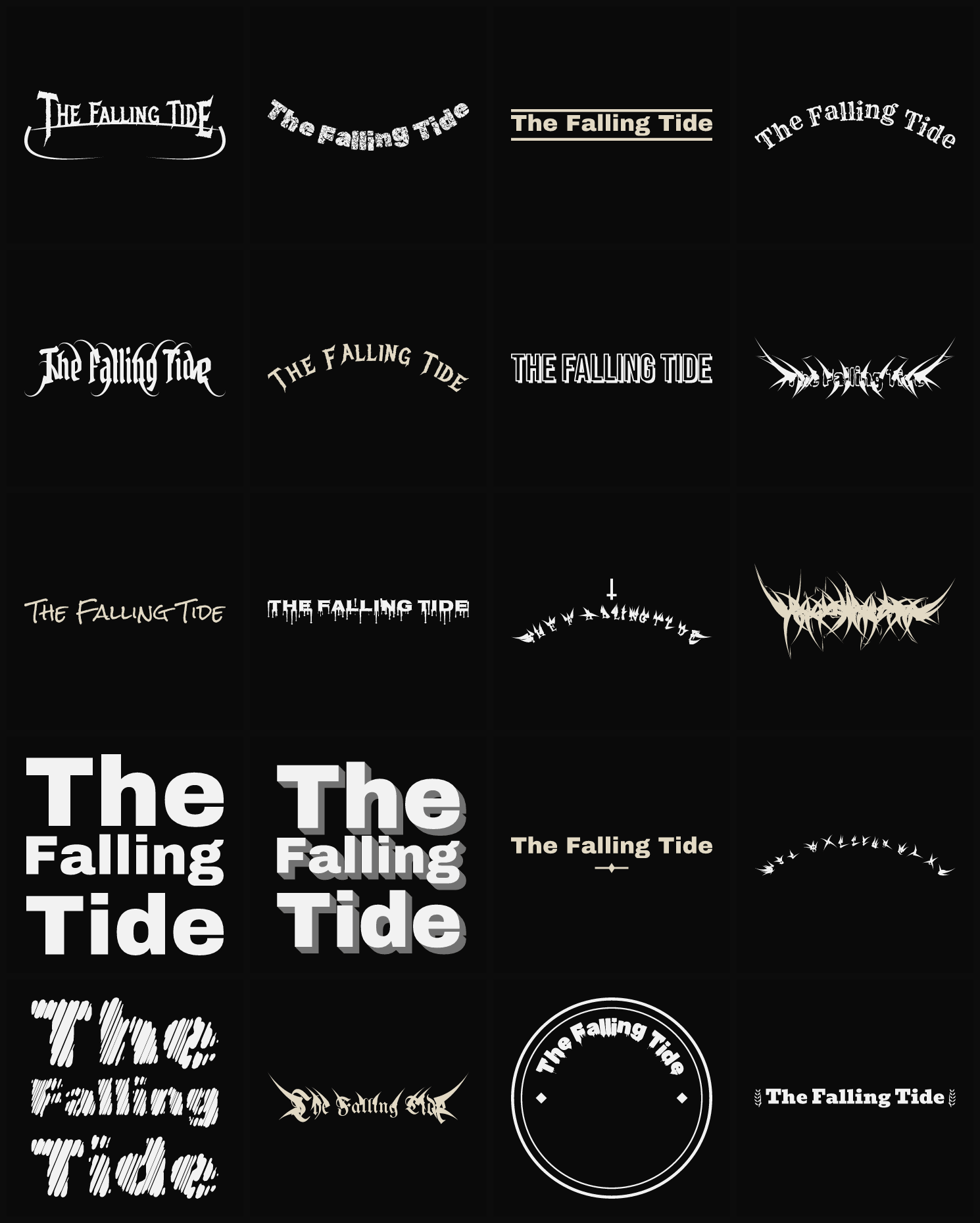 Twenty The Falling Tide band logo ideas — different faces, treatments and spike settings