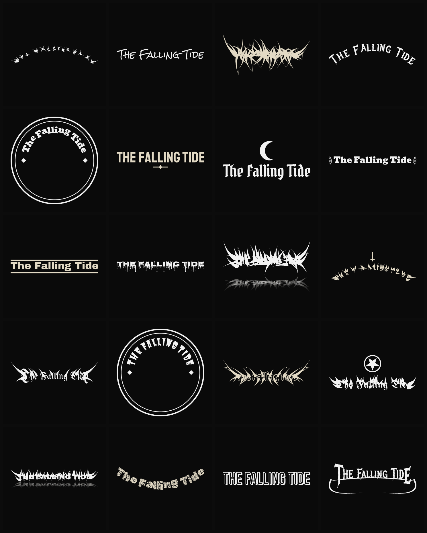 Twenty The Falling Tide band logo ideas — different faces, treatments and spike settings