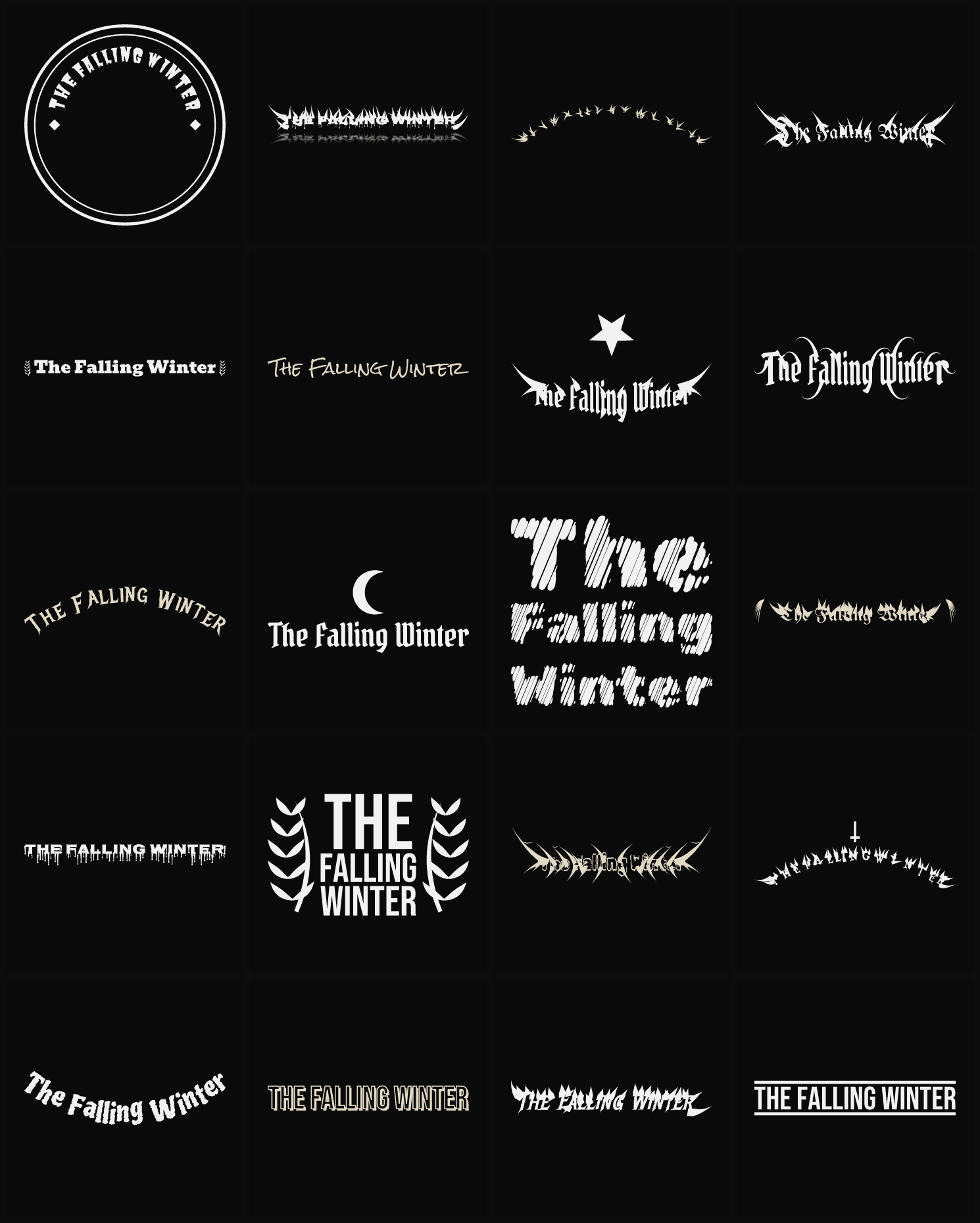 Twenty The Falling Winter band logo ideas — different faces, treatments and spike settings