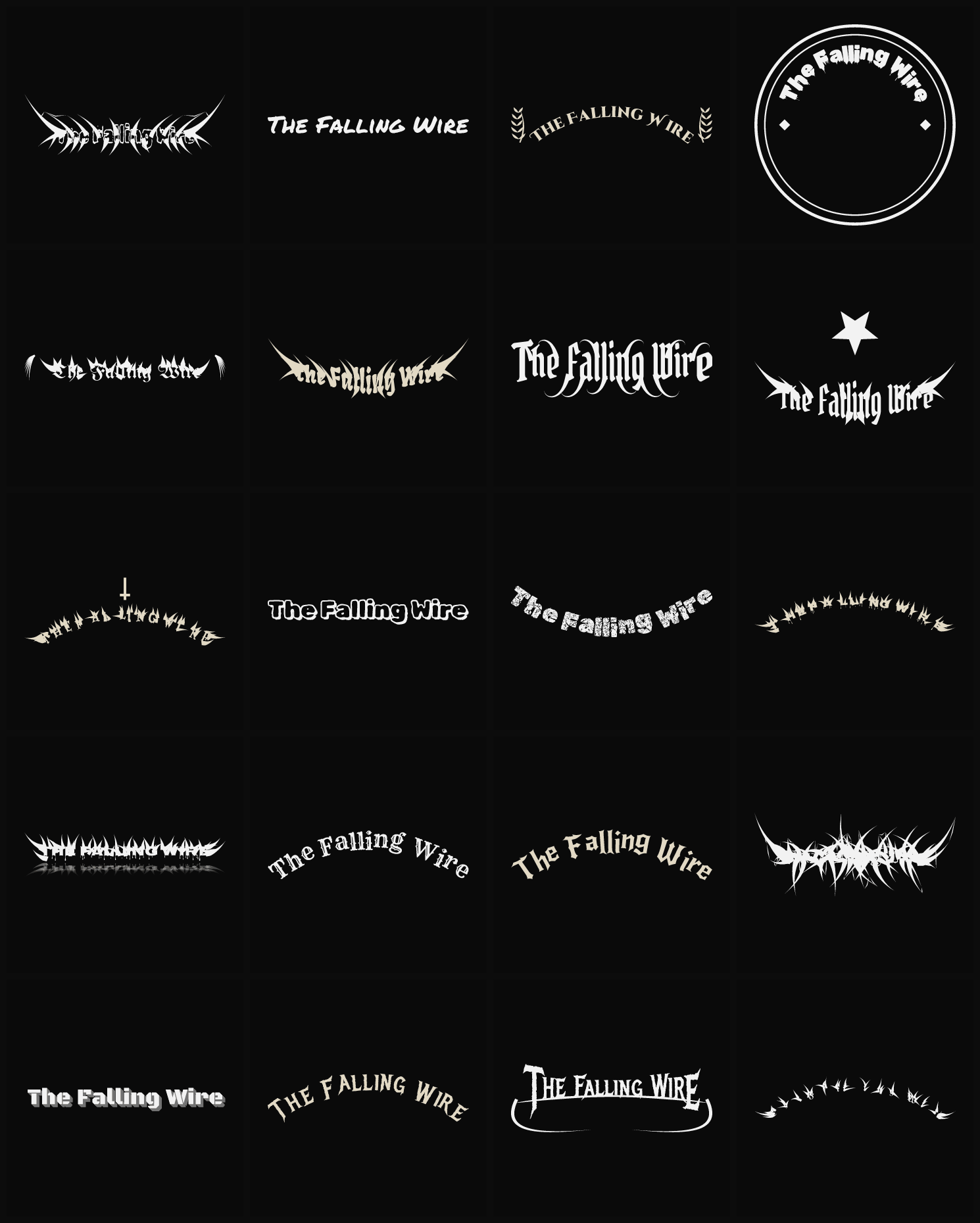 Twenty The Falling Wire band logo ideas — different faces, treatments and spike settings