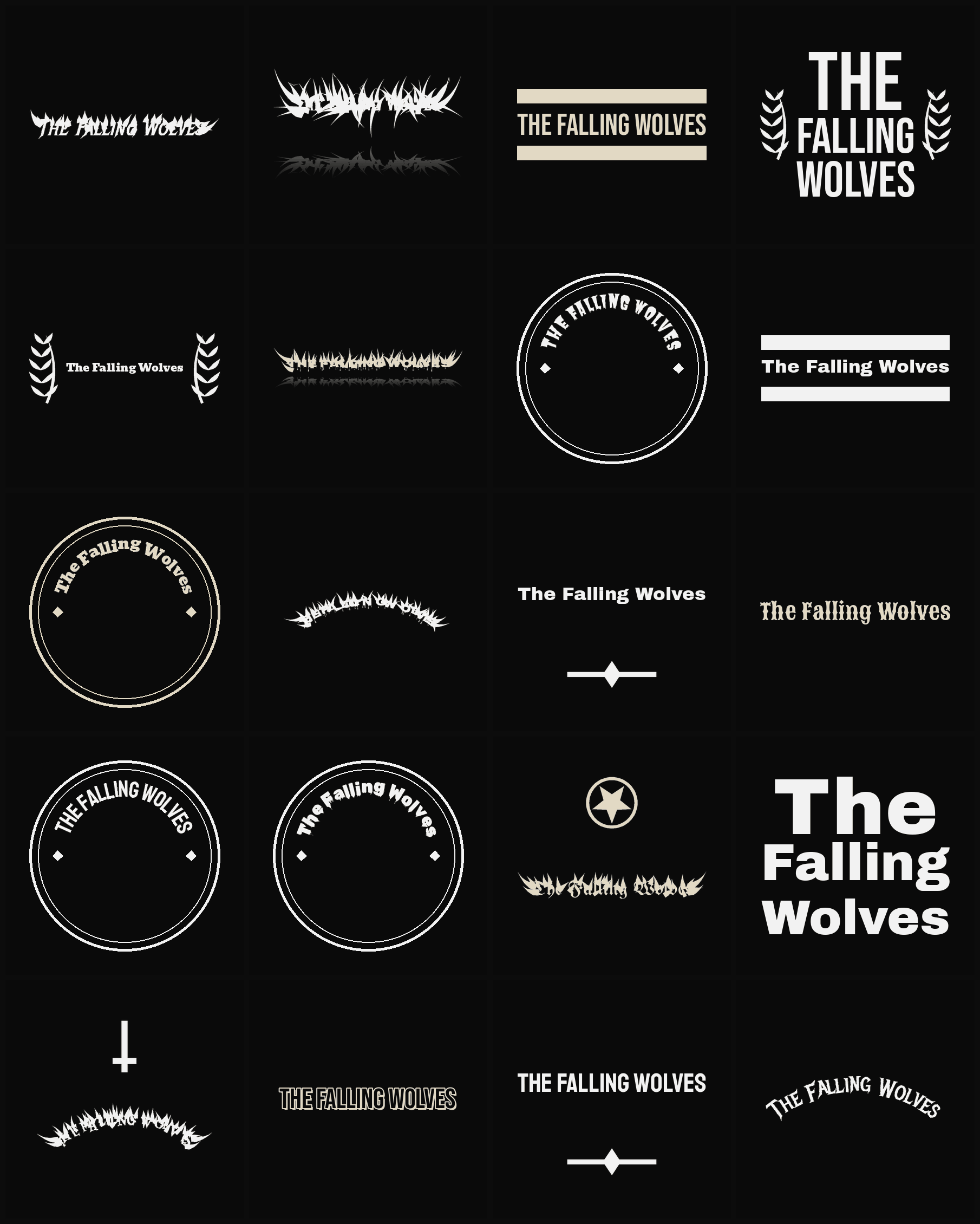 Twenty The Falling Wolves band logo ideas — different faces, treatments and spike settings