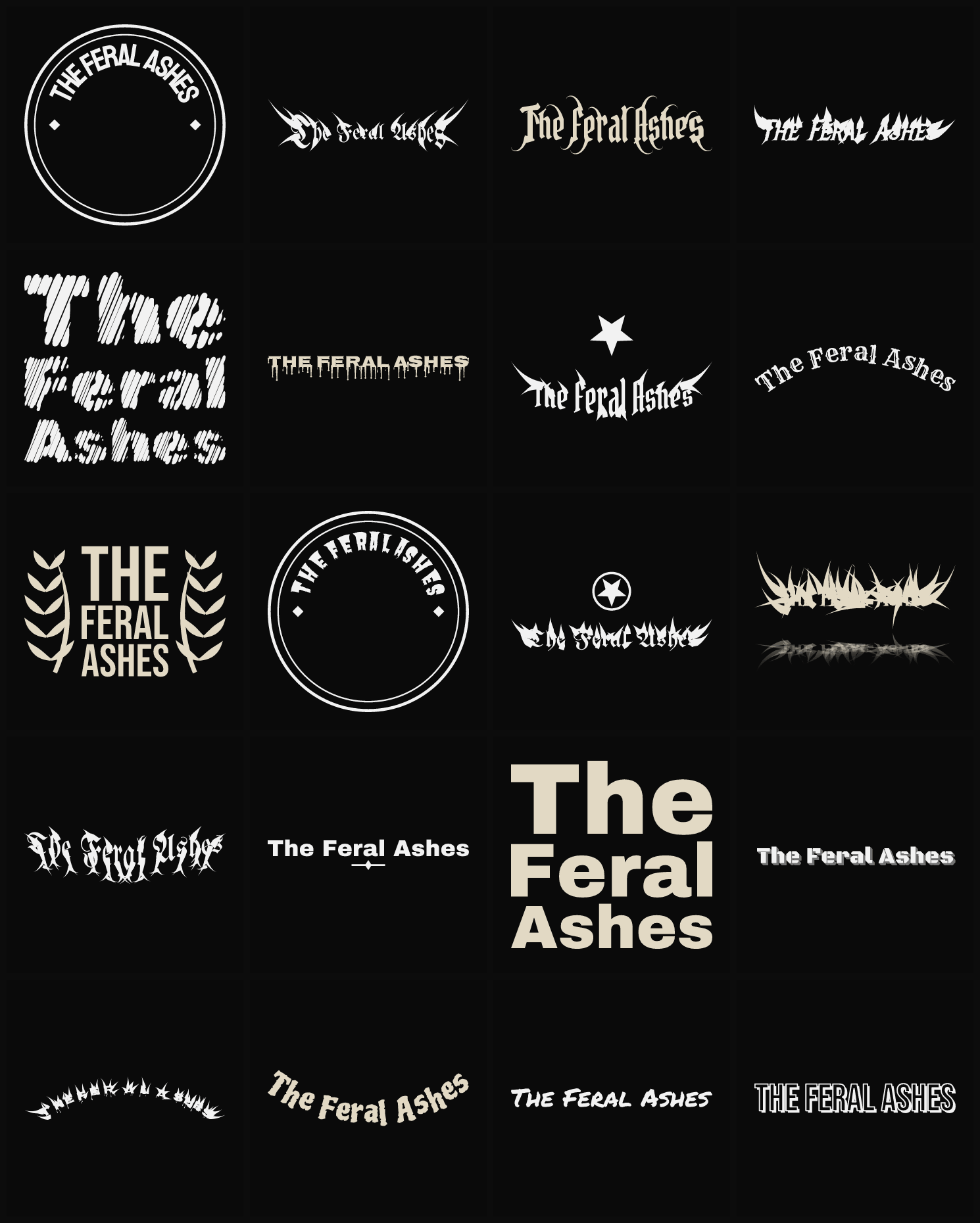 Twenty The Feral Ashes band logo ideas — different faces, treatments and spike settings