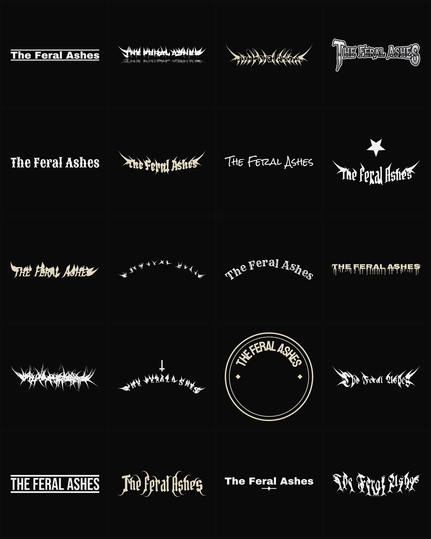 Twenty The Feral Ashes band logo ideas — different faces, treatments and spike settings