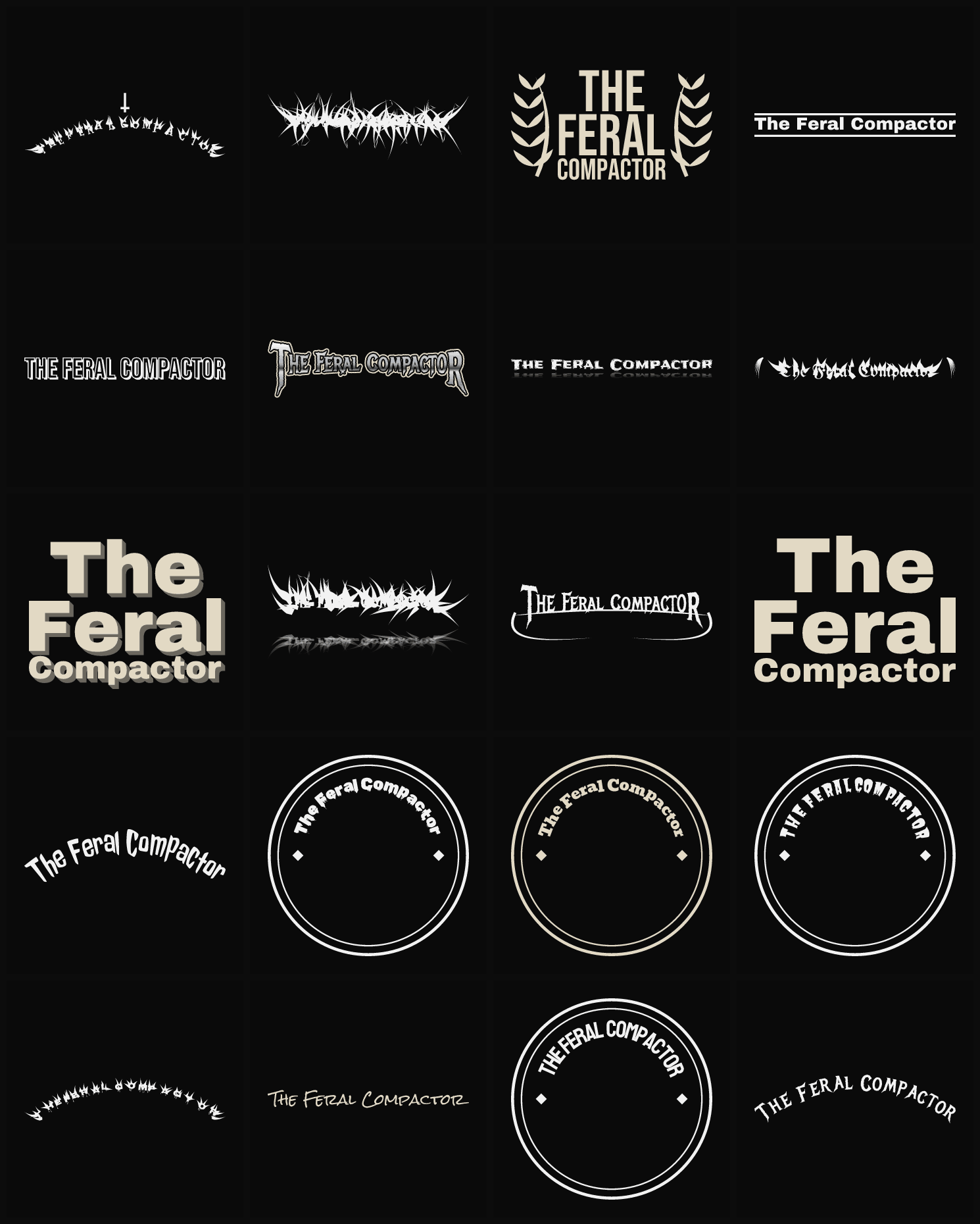 Twenty The Feral Compactor band logo ideas — different faces, treatments and spike settings