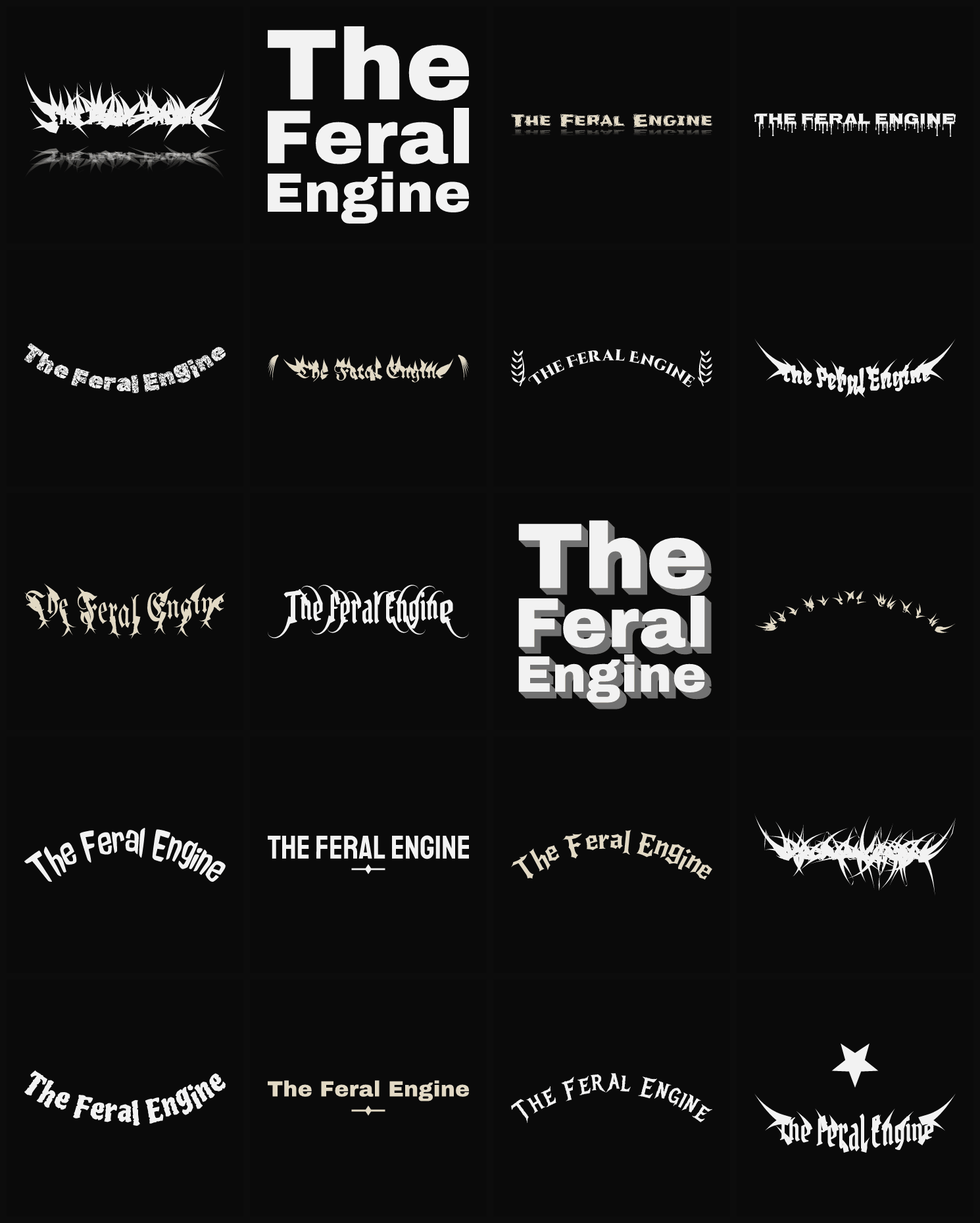 Twenty The Feral Engine band logo ideas — different faces, treatments and spike settings