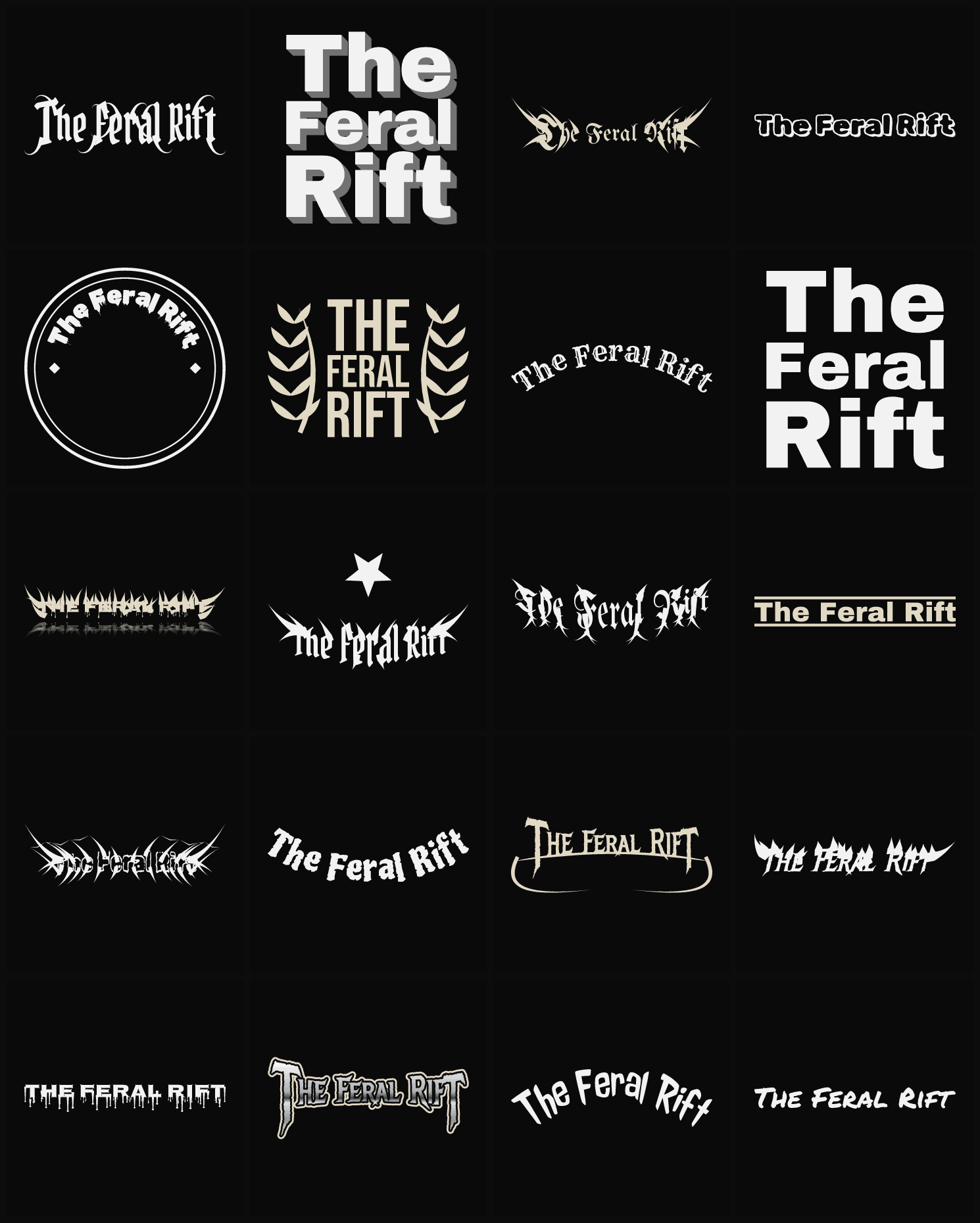 Twenty The Feral Rift band logo ideas — different faces, treatments and spike settings