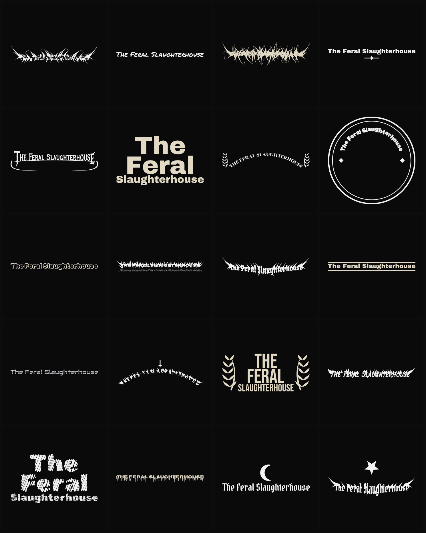Twenty The Feral Slaughterhouse band logo ideas — different faces, treatments and spike settings