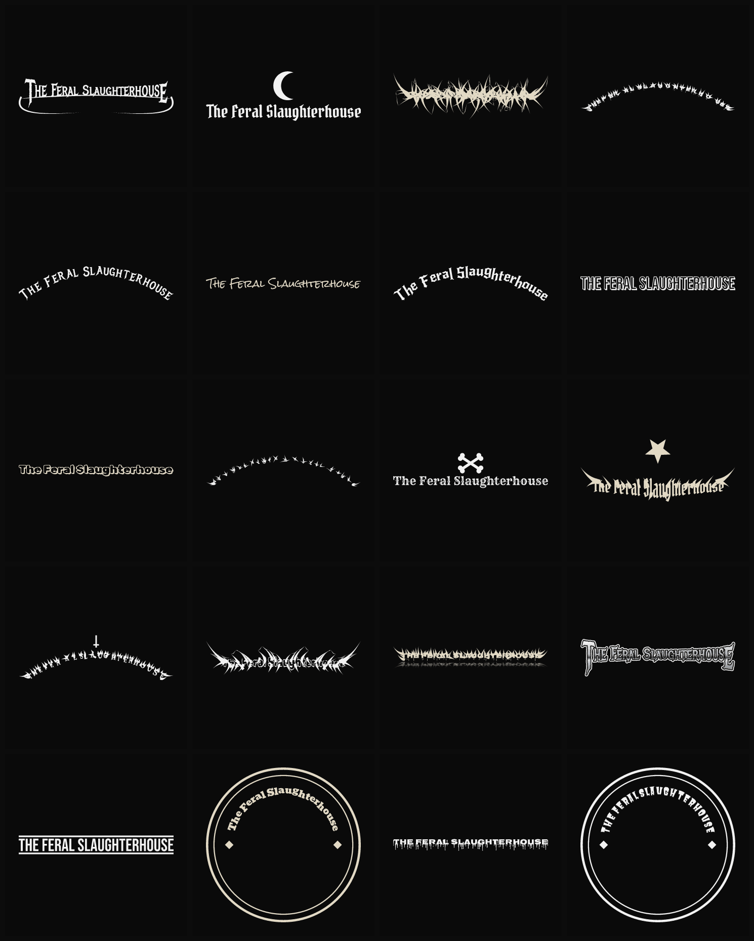 Twenty The Feral Slaughterhouse band logo ideas — different faces, treatments and spike settings