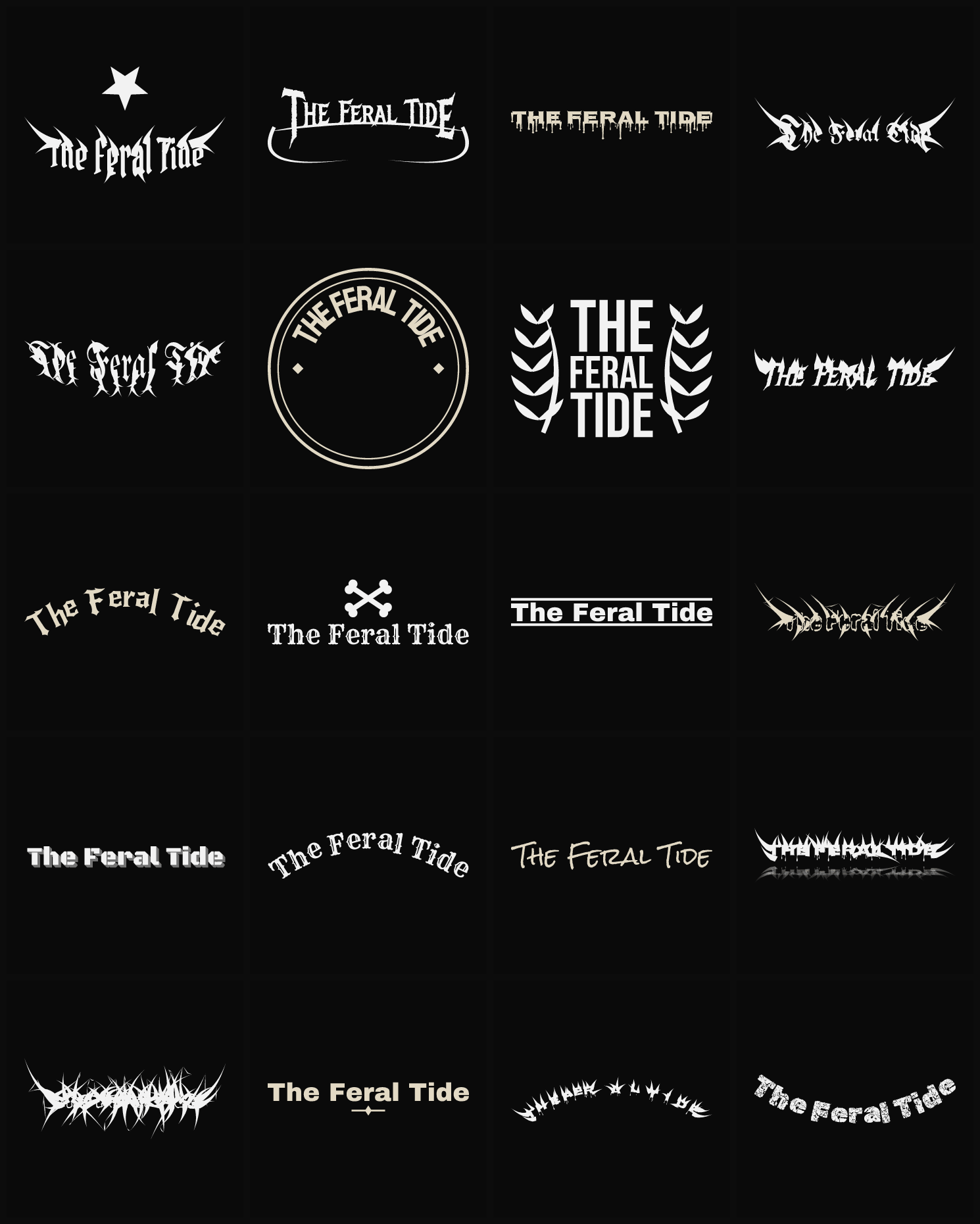 Twenty The Feral Tide band logo ideas — different faces, treatments and spike settings