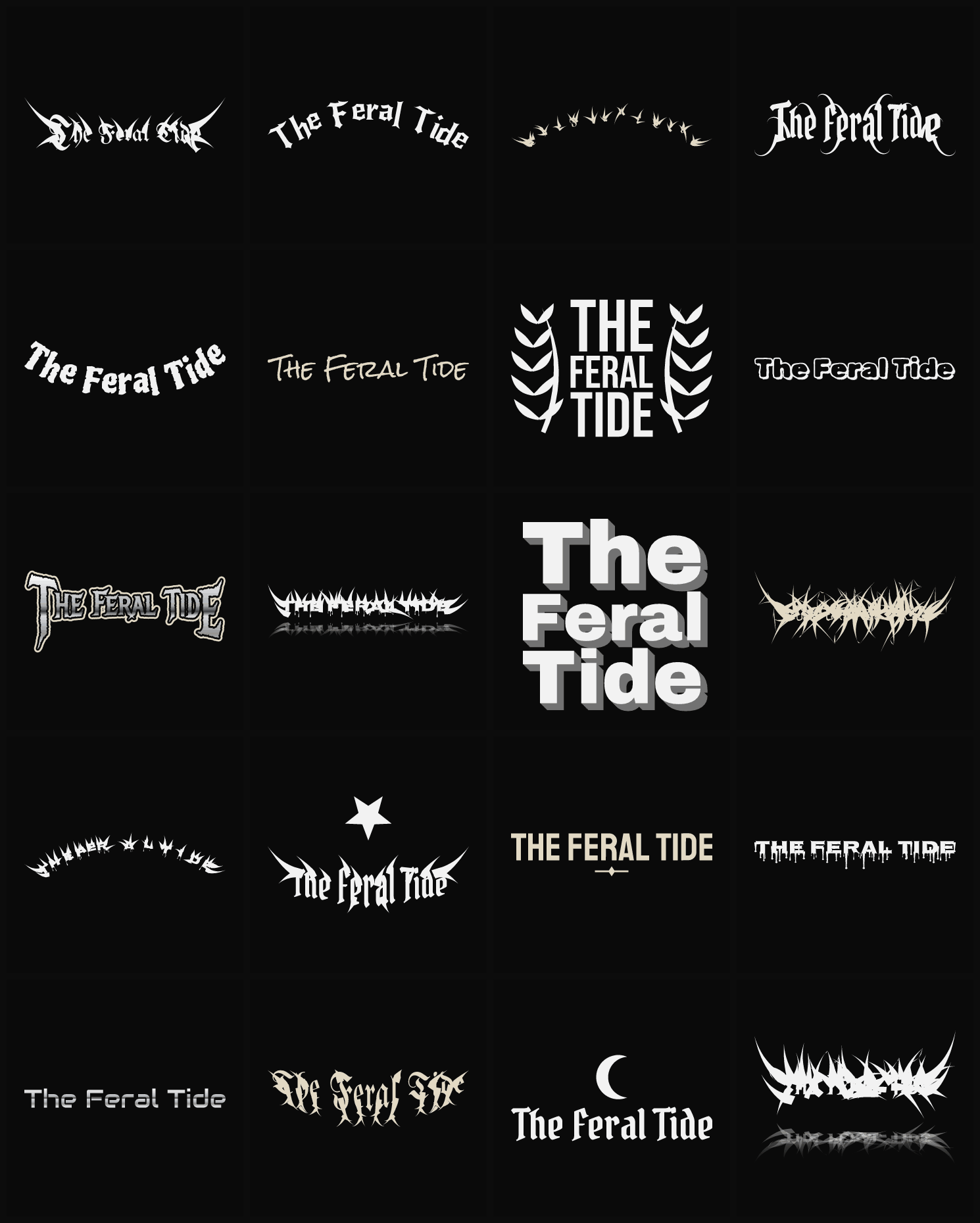 Twenty The Feral Tide band logo ideas — different faces, treatments and spike settings
