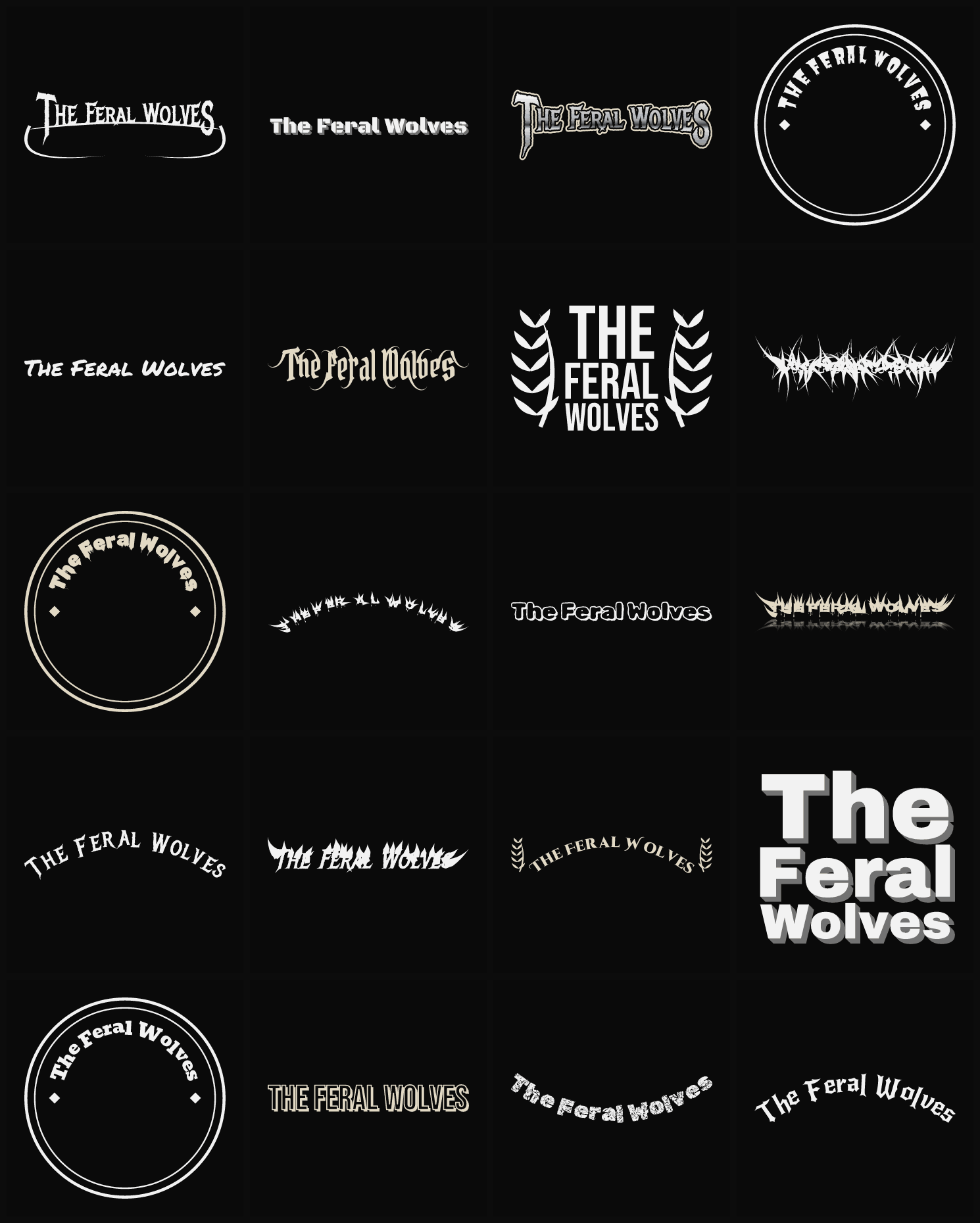 Twenty The Feral Wolves band logo ideas — different faces, treatments and spike settings