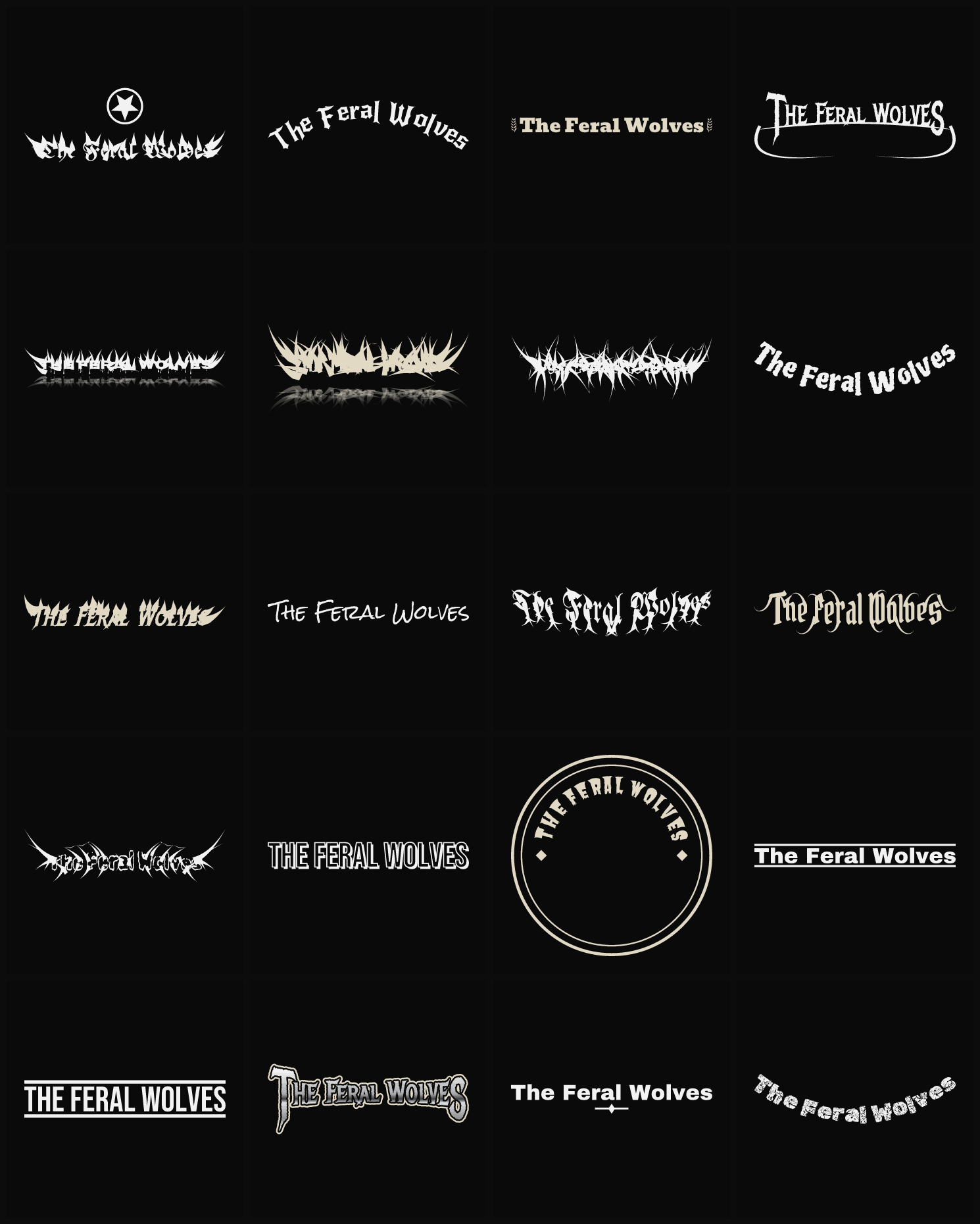 Twenty The Feral Wolves band logo ideas — different faces, treatments and spike settings