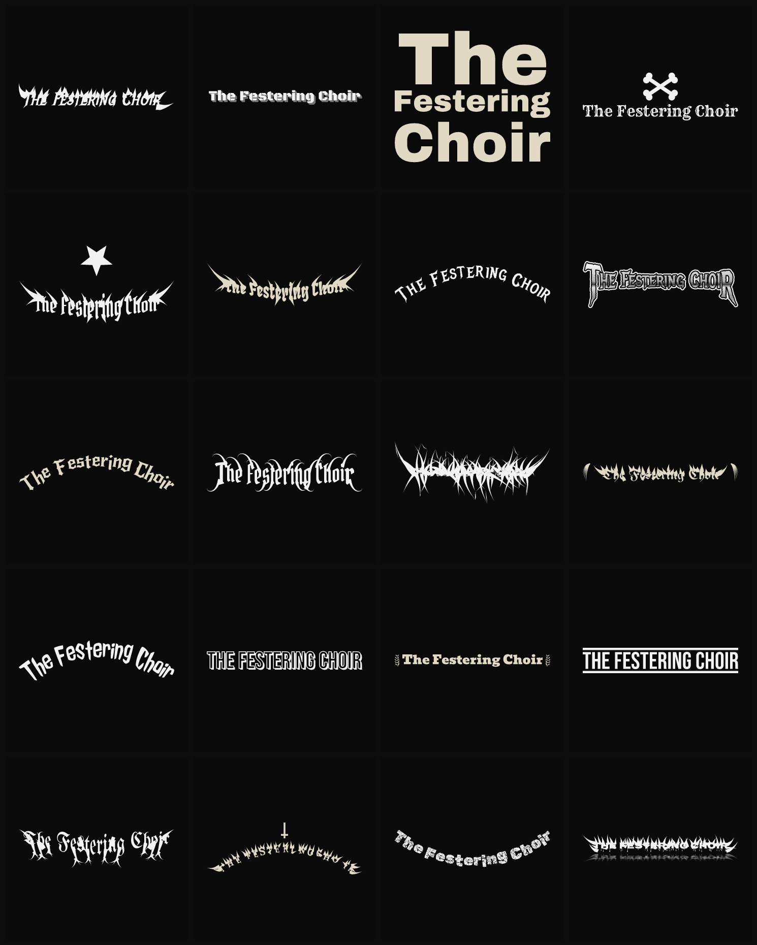 Twenty The Festering Choir band logo ideas — different faces, treatments and spike settings